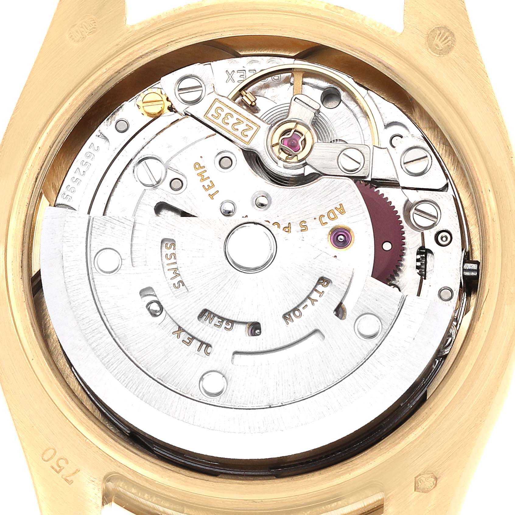 The image shows the movement of a Rolex Datejust 179138 Women
s Yellow Gold Black Dial watch, focusing on the rotor and internal components from the back.