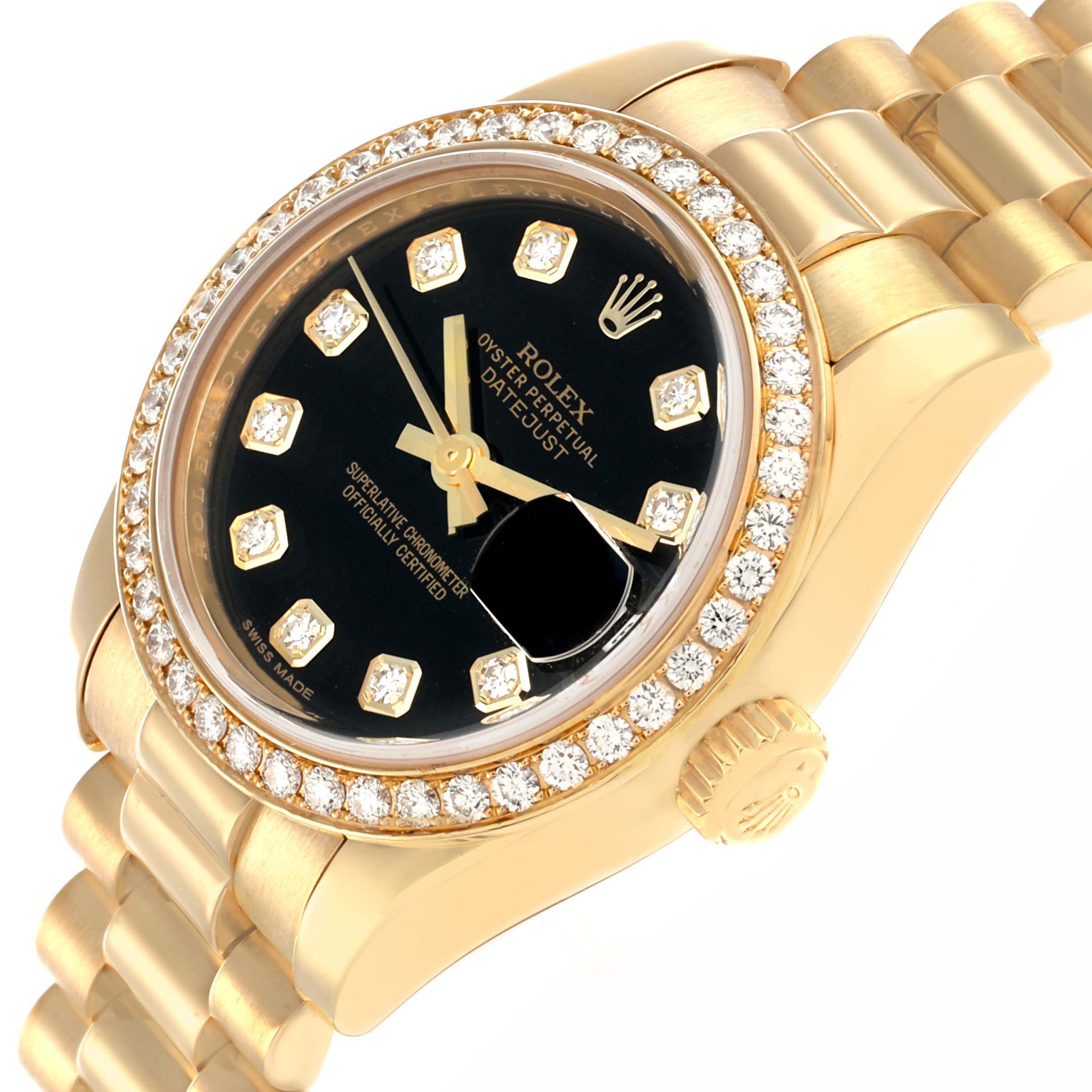 The Rolex Datejust 179138 Women
s Yellow Gold Black Dial watch is shown at a three-quarter angle, highlighting the bezel, dial, and bracelet.