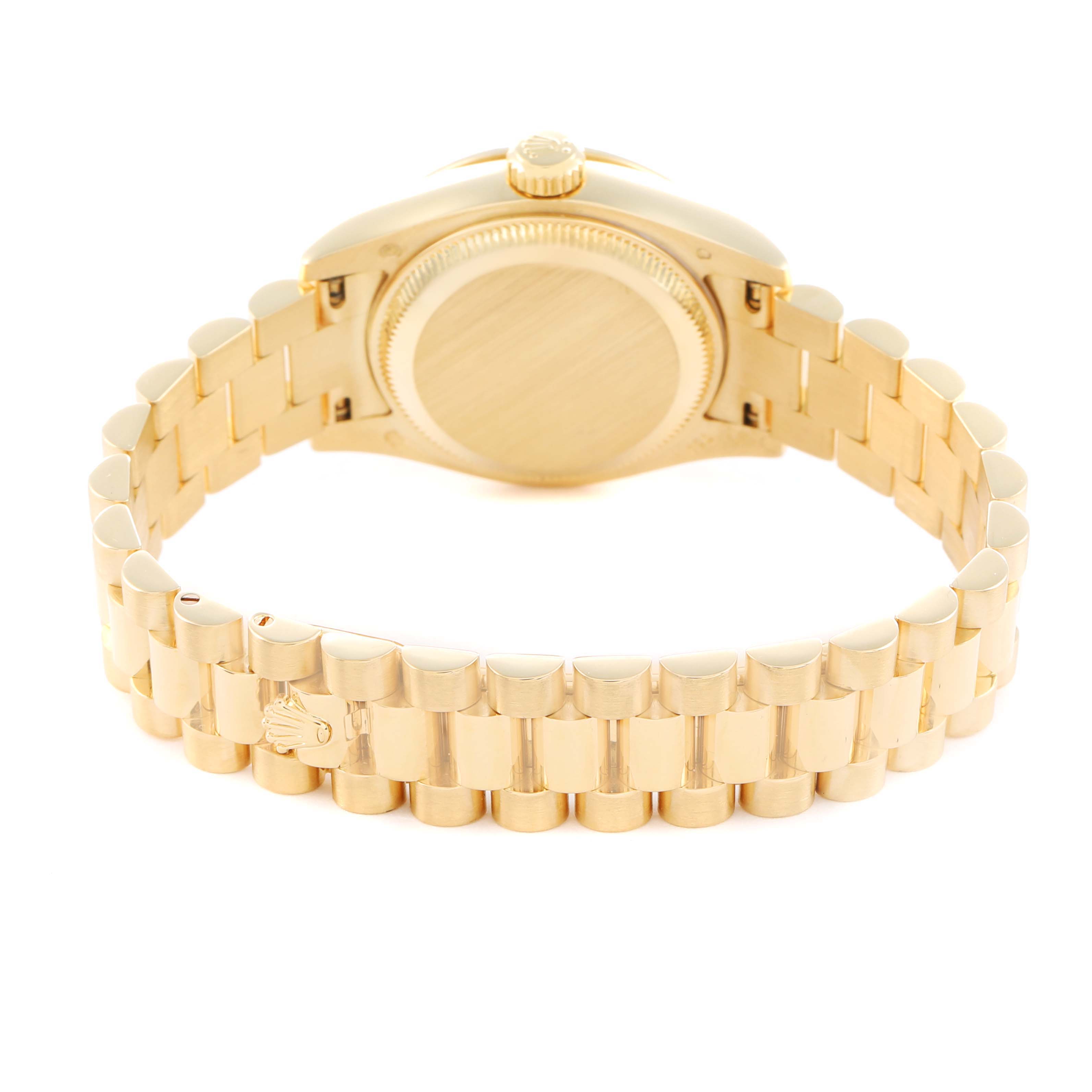 The image shows a Rolex Datejust 179138 Women
s Yellow Gold Black Dial watch from the back, highlighting the case back and gold bracelet.