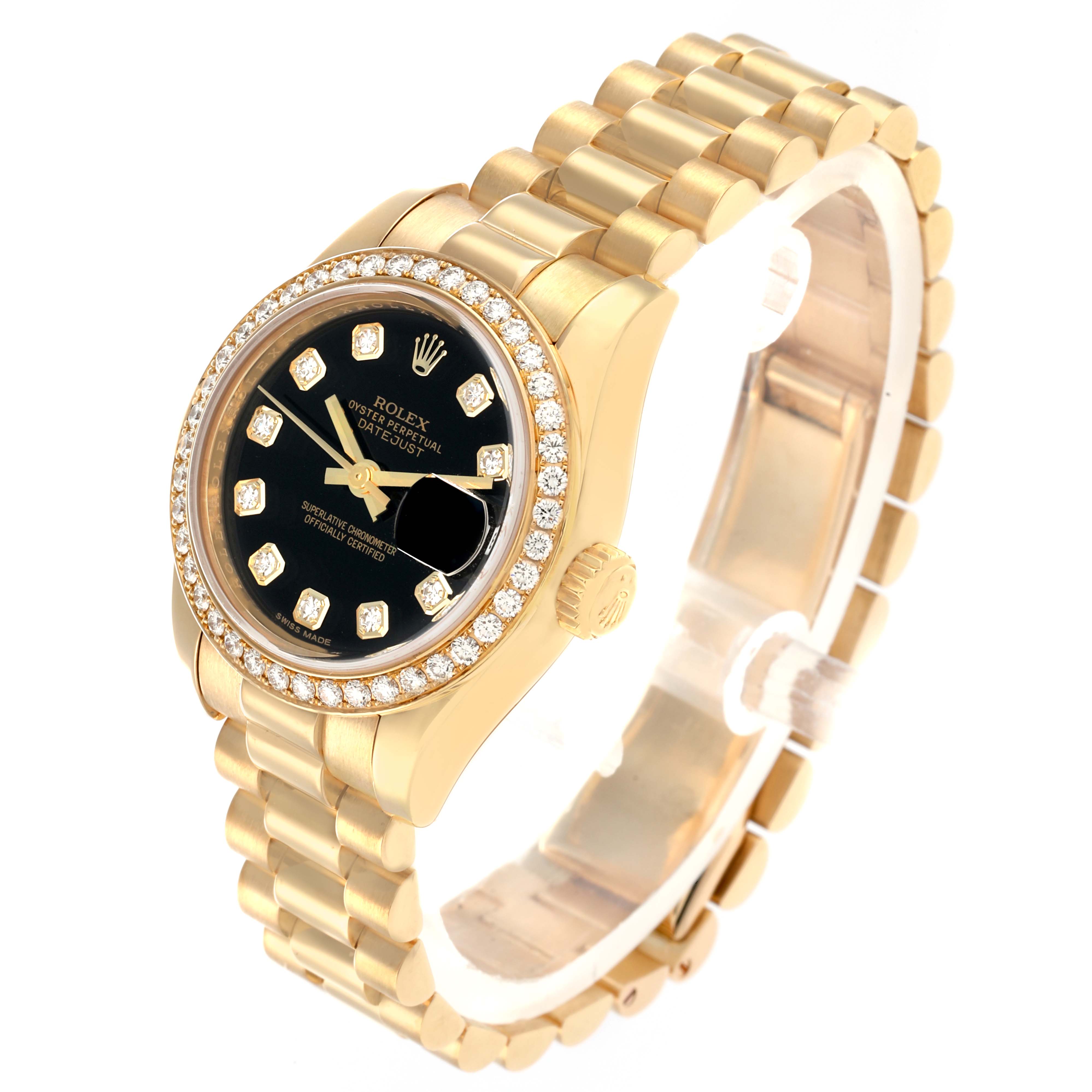 The Rolex Datejust 179138 Women
s Yellow Gold Black Dial watch is shown at a three-quarter angle, displaying the bezel, crown, bracelet, and face.
