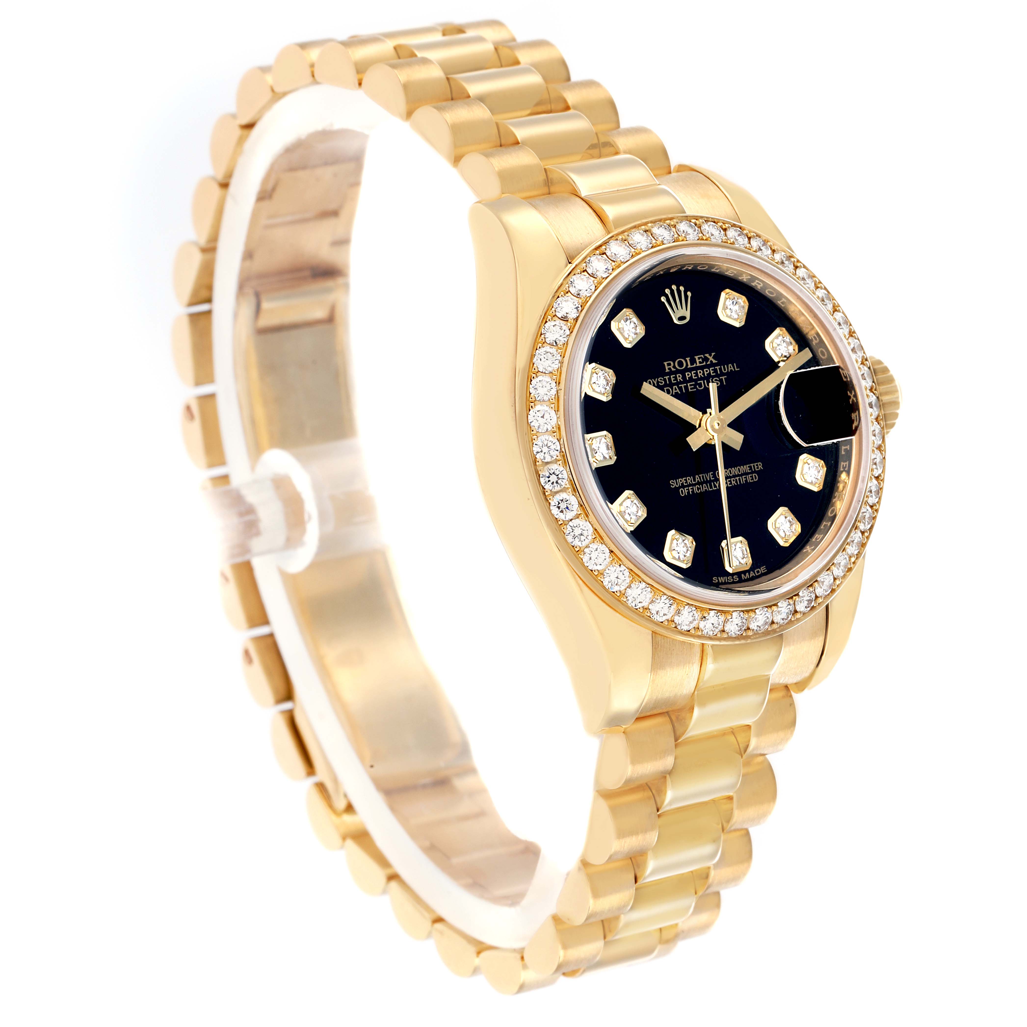 The Rolex Datejust 179138 Women
s Yellow Gold Black Dial watch is shown at a three-quarter angle, highlighting its face, bezel, and bracelet.