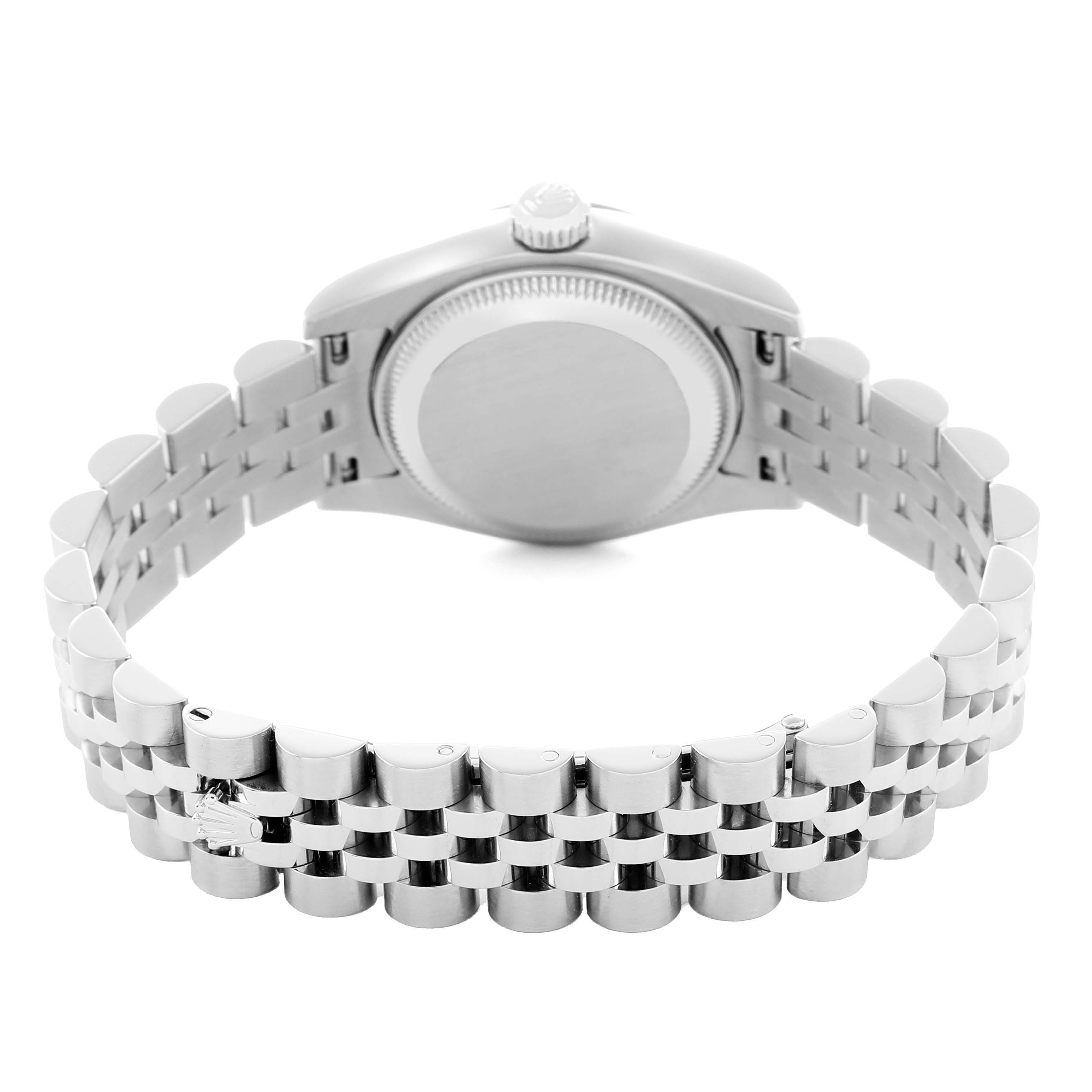 This image shows the back view of a Rolex Datejust 179174 Women
s Steel and Gold (two tone) Silver Dial, focusing on the case back and Jubilee bracelet.