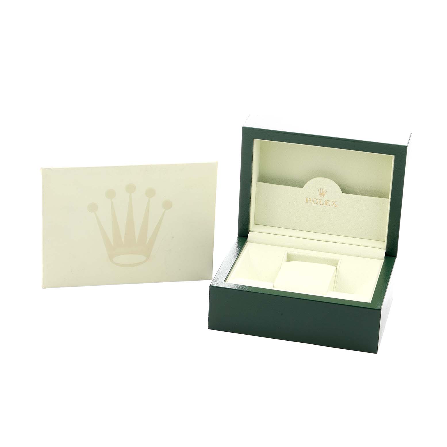 The image shows an open Rolex Datejust 179174 Women
s Steel and Gold (two tone) Silver Dial watch box and a white envelope with the Rolex logo.