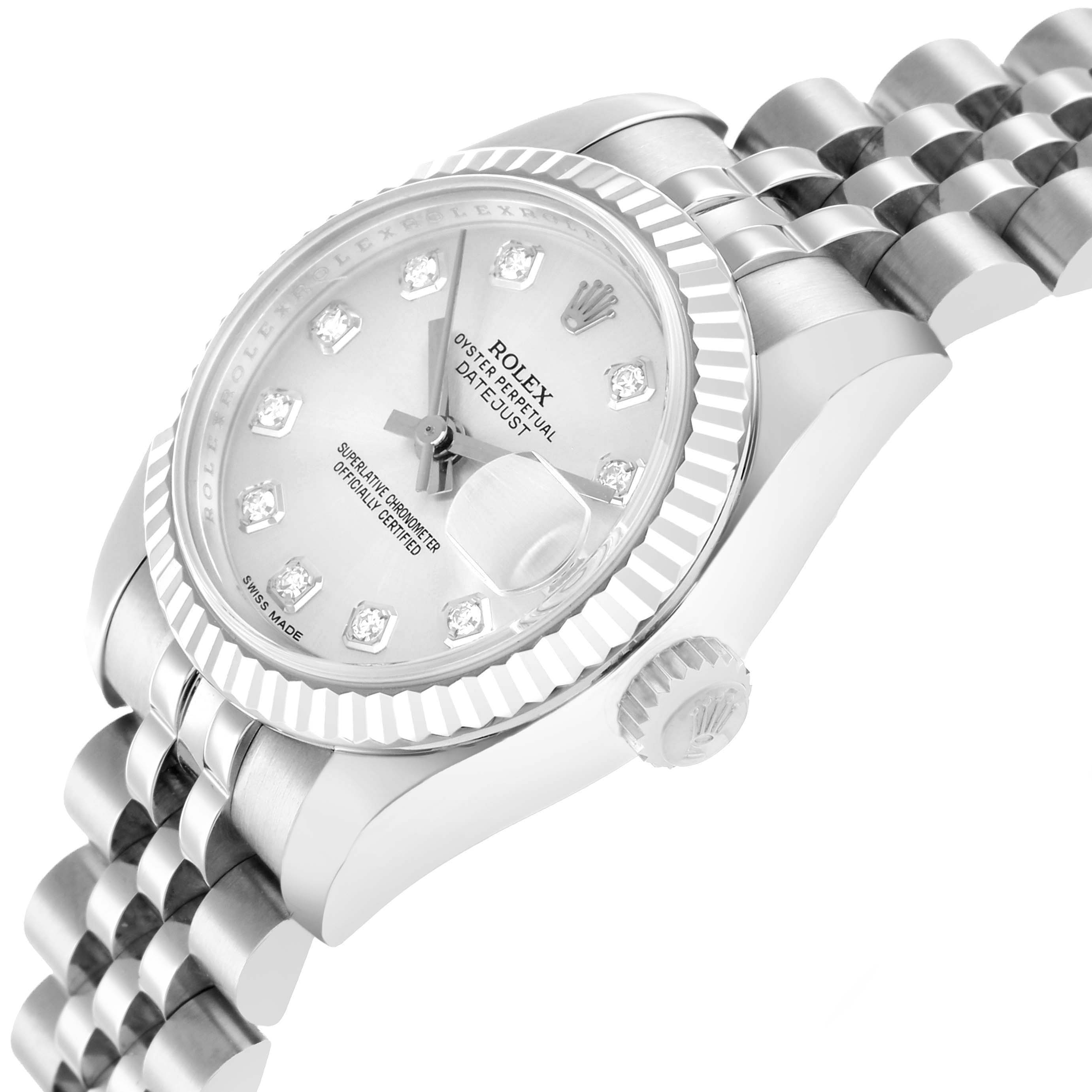 The Rolex Datejust 179174 Women
s Steel and Gold (two tone) Silver Dial watch is shown at a slight side angle, highlighting the bezel, dial, crown, and bracelet.