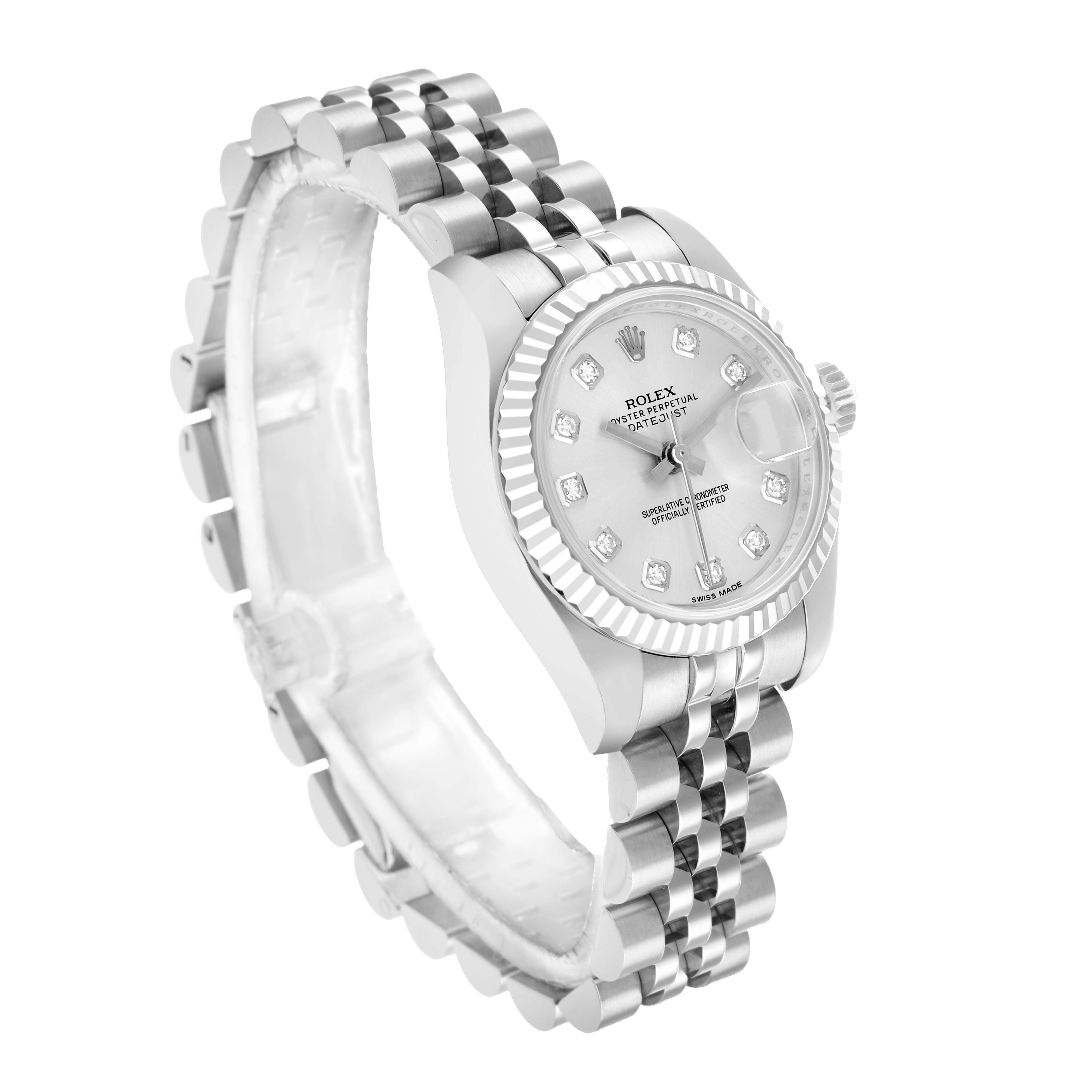 The Rolex Datejust 179174 Women
s Steel and Gold (two tone) Silver Dial watch is shown at an angled side view, highlighting its face, fluted bezel, and Jubilee bracelet.