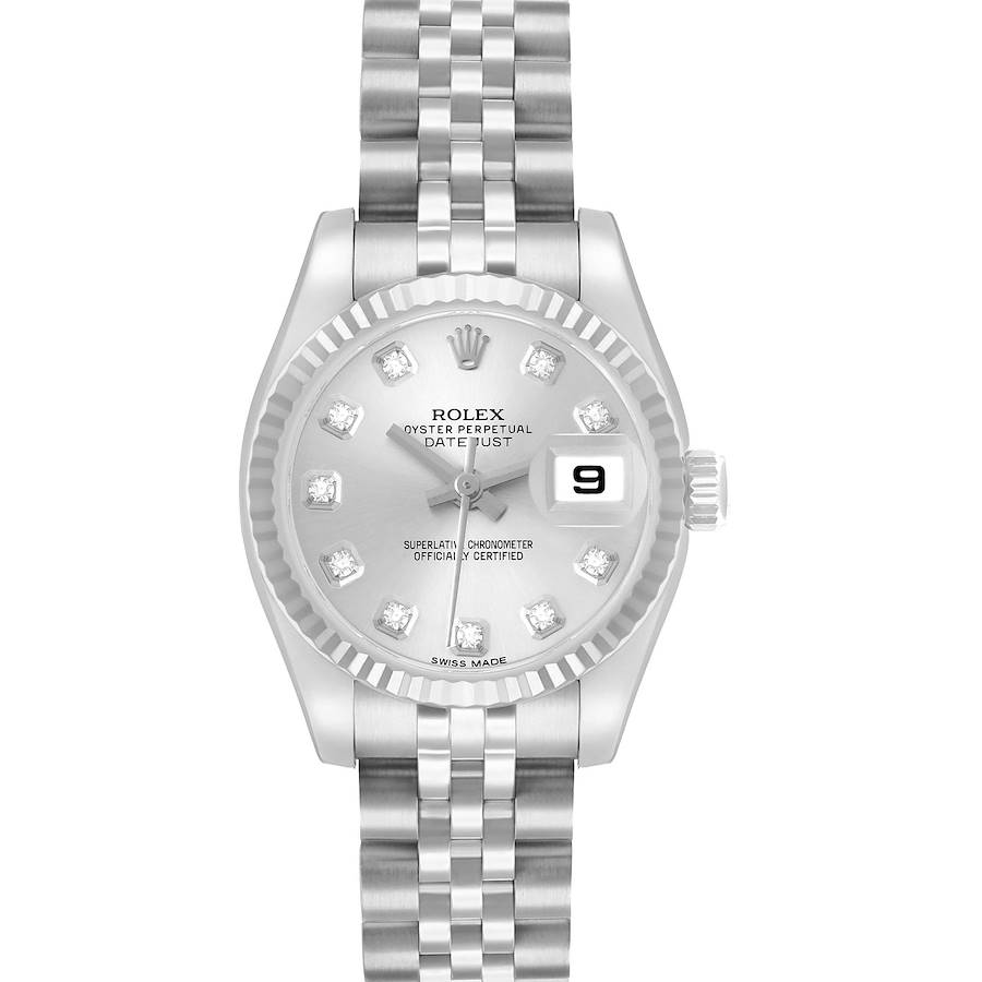 The Rolex Datejust 179174 Women's Steel and Gold (two tone) Silver Dial watch is shown from a front view, highlighting the dial, bezel, and bracelet.