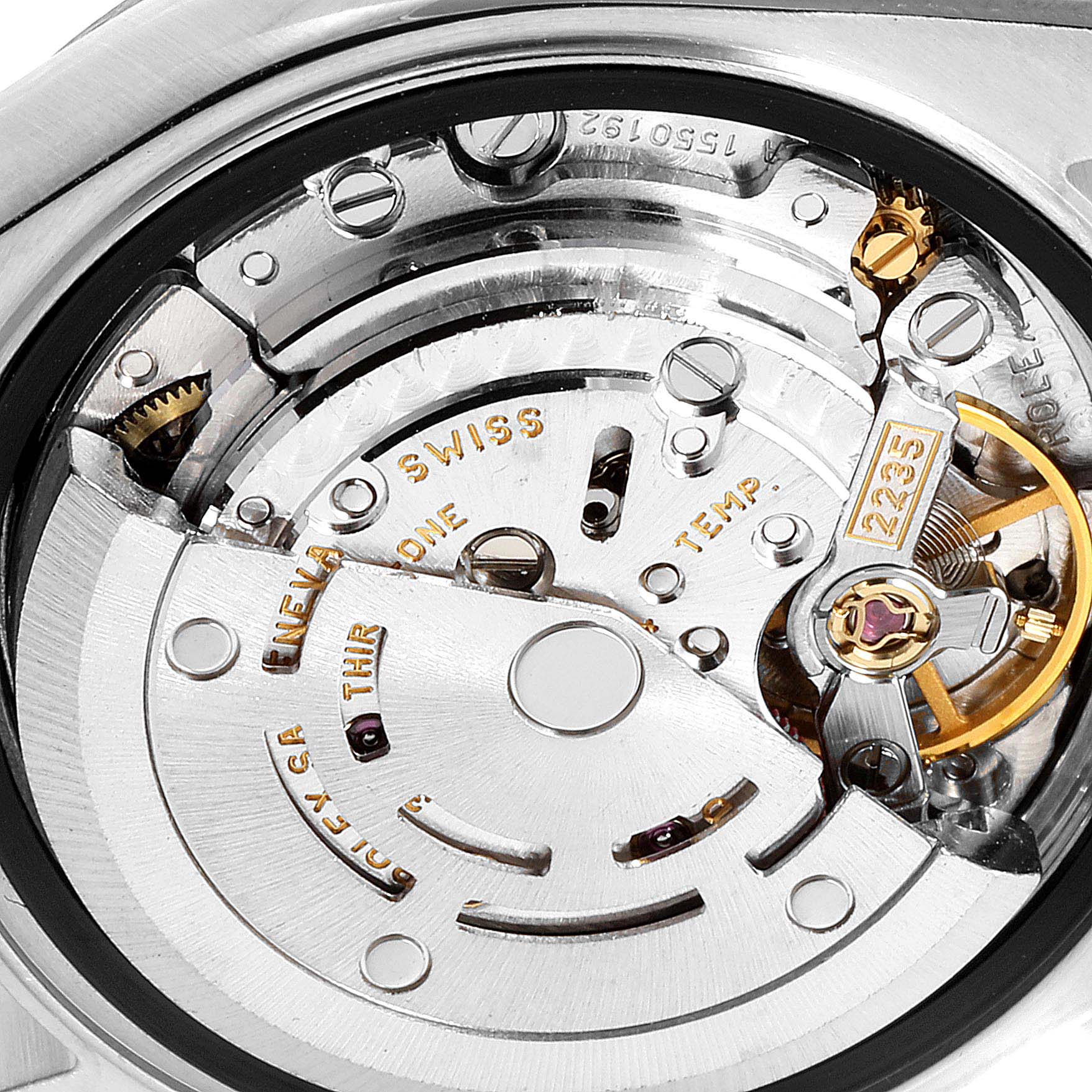 This image shows a close-up angle of the Rolex Datejust 79174 Women's Stainless Steel Mother of Pearl Dial 79174 Women's Stainless Steel Mother of Pearl Dial watch movement, highlighting internal gears and components.