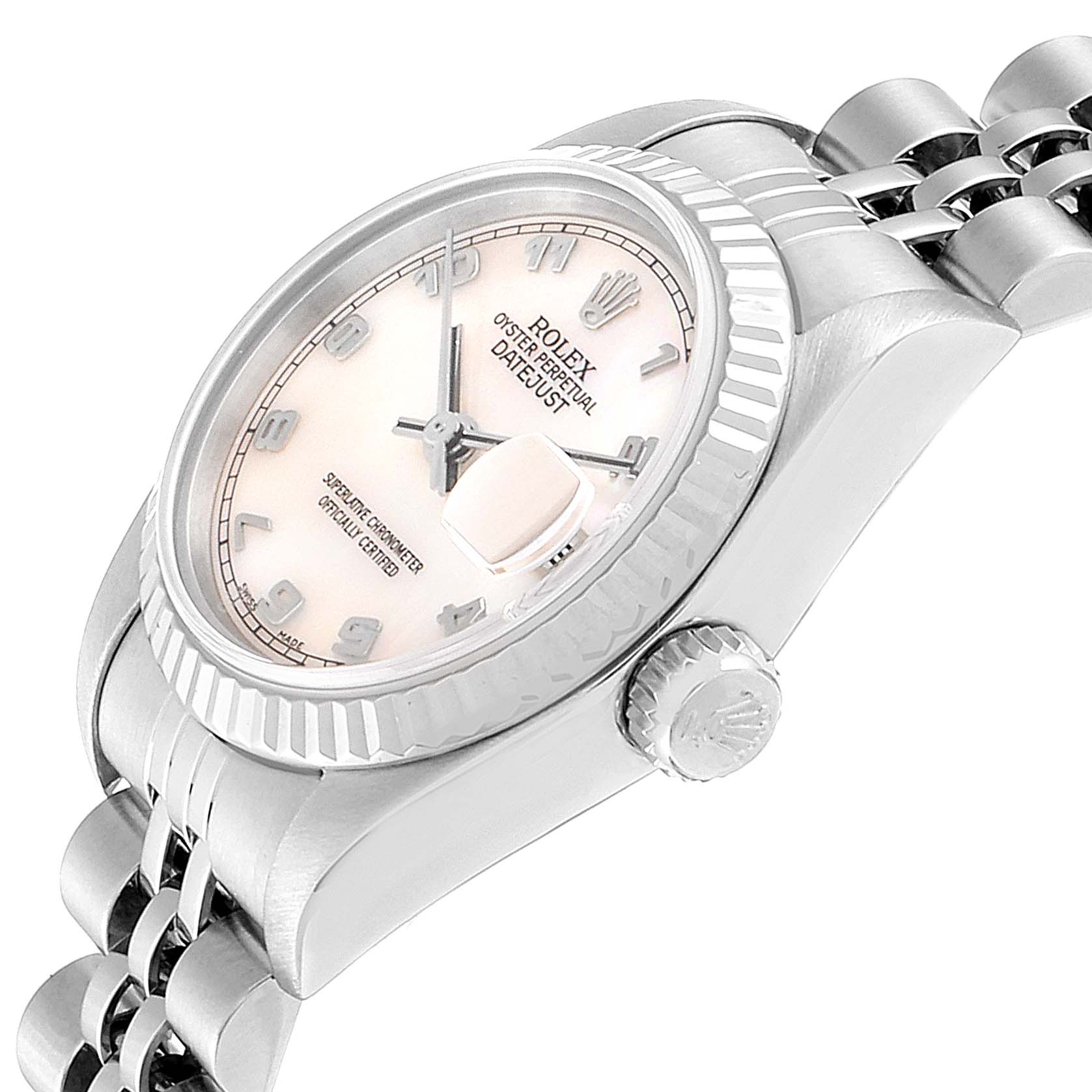 The image shows a close-up of the Rolex Datejust 79174 Women's Stainless Steel Mother of Pearl Dial 79174 Women's Stainless Steel Mother of Pearl Dial watch focused on the dial, crown, and part of the bracelet at an angled view.