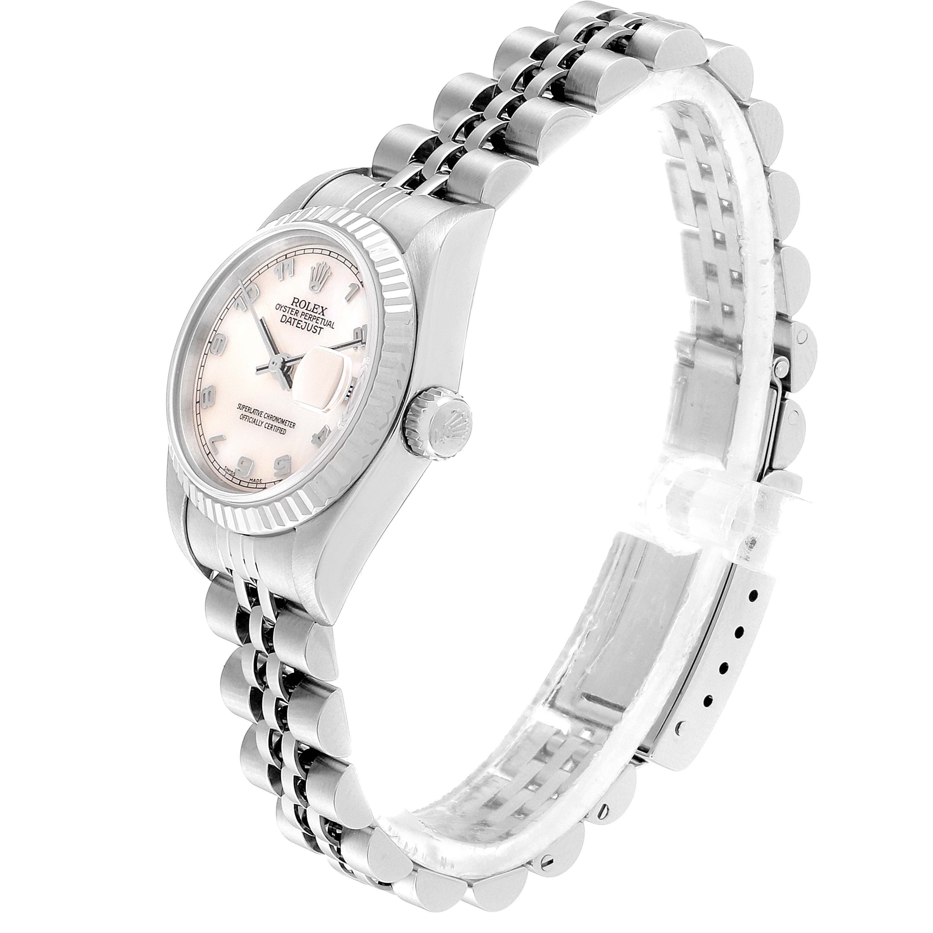 This image shows a side view of the Rolex Datejust 79174 Women's Stainless Steel Mother of Pearl Dial 79174 Women's Stainless Steel Mother of Pearl Dial watch, highlighting the case, crown, bracelet, and clasp.