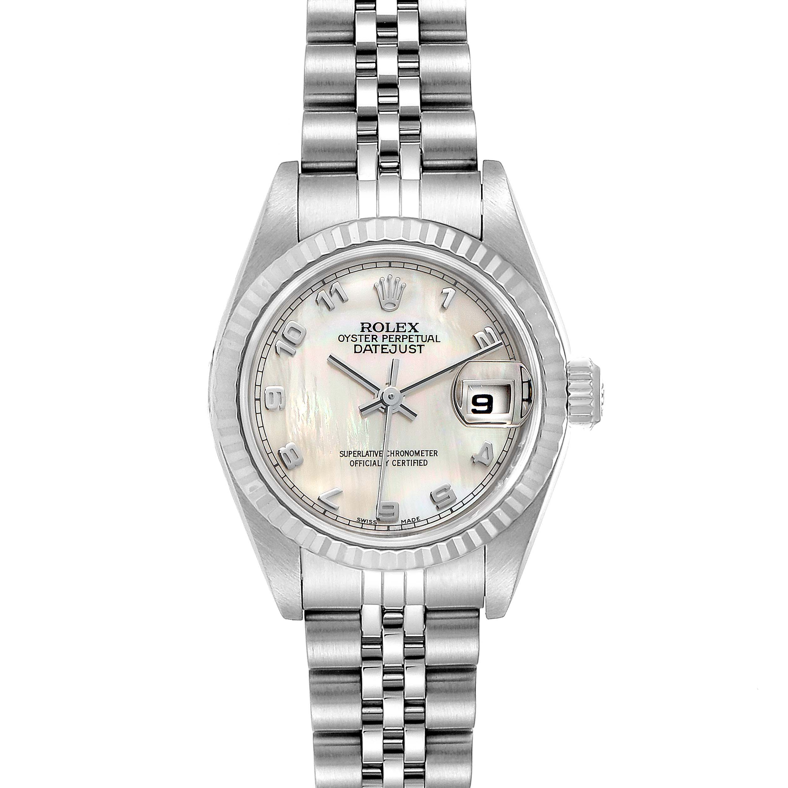 This image shows a front view of a Rolex Datejust 79174 Women's Stainless Steel Mother of Pearl Dial 79174 Women's Stainless Steel Mother of Pearl Dial watch, capturing its face, bezel, and bracelet.
