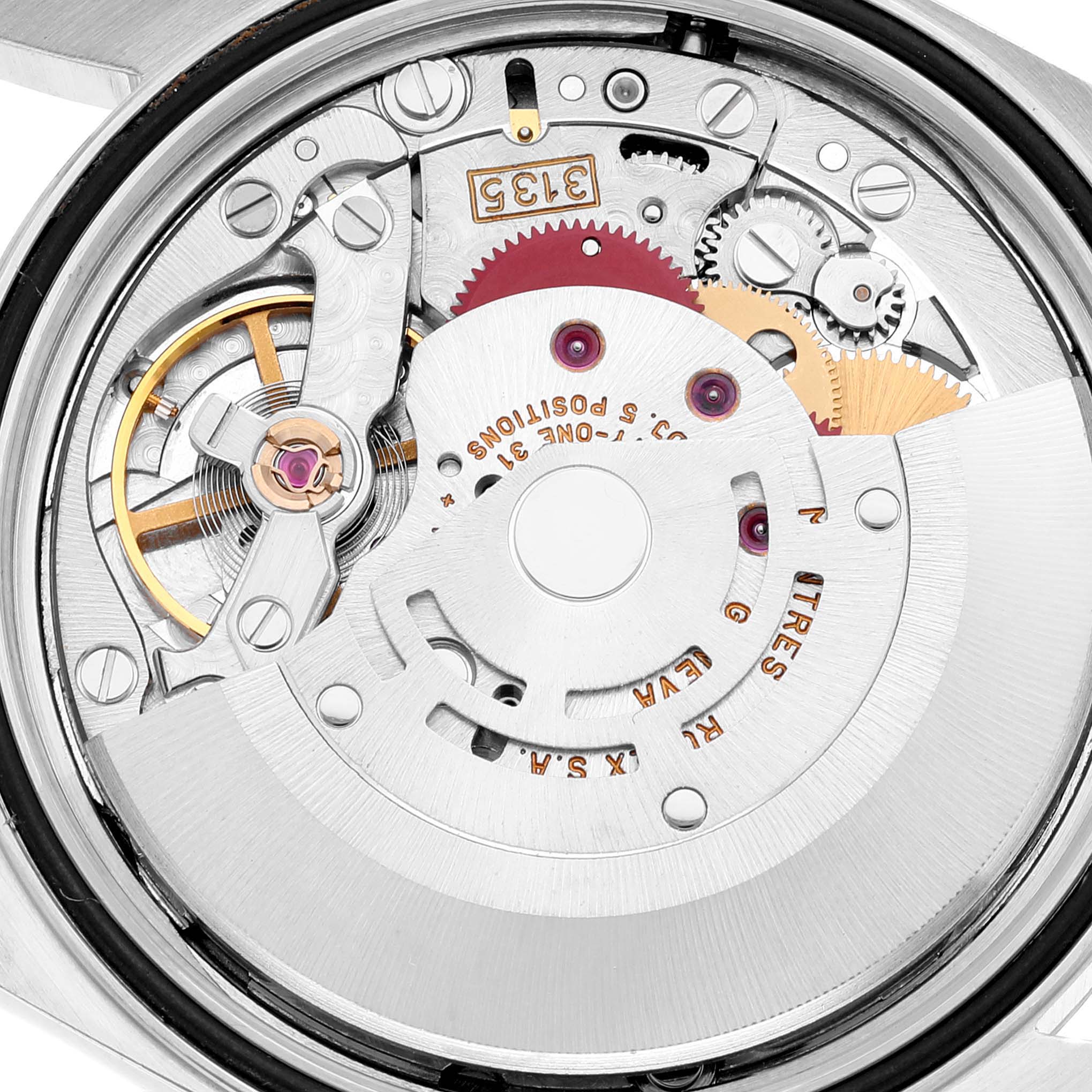 The image shows the internal movement mechanism of a Rolex Datejust 16234 Men's Stainless Steel Silver Dial 16234 Men's Stainless Steel Silver Dial watch, highlighting gears and intricate components from a top-down angle.