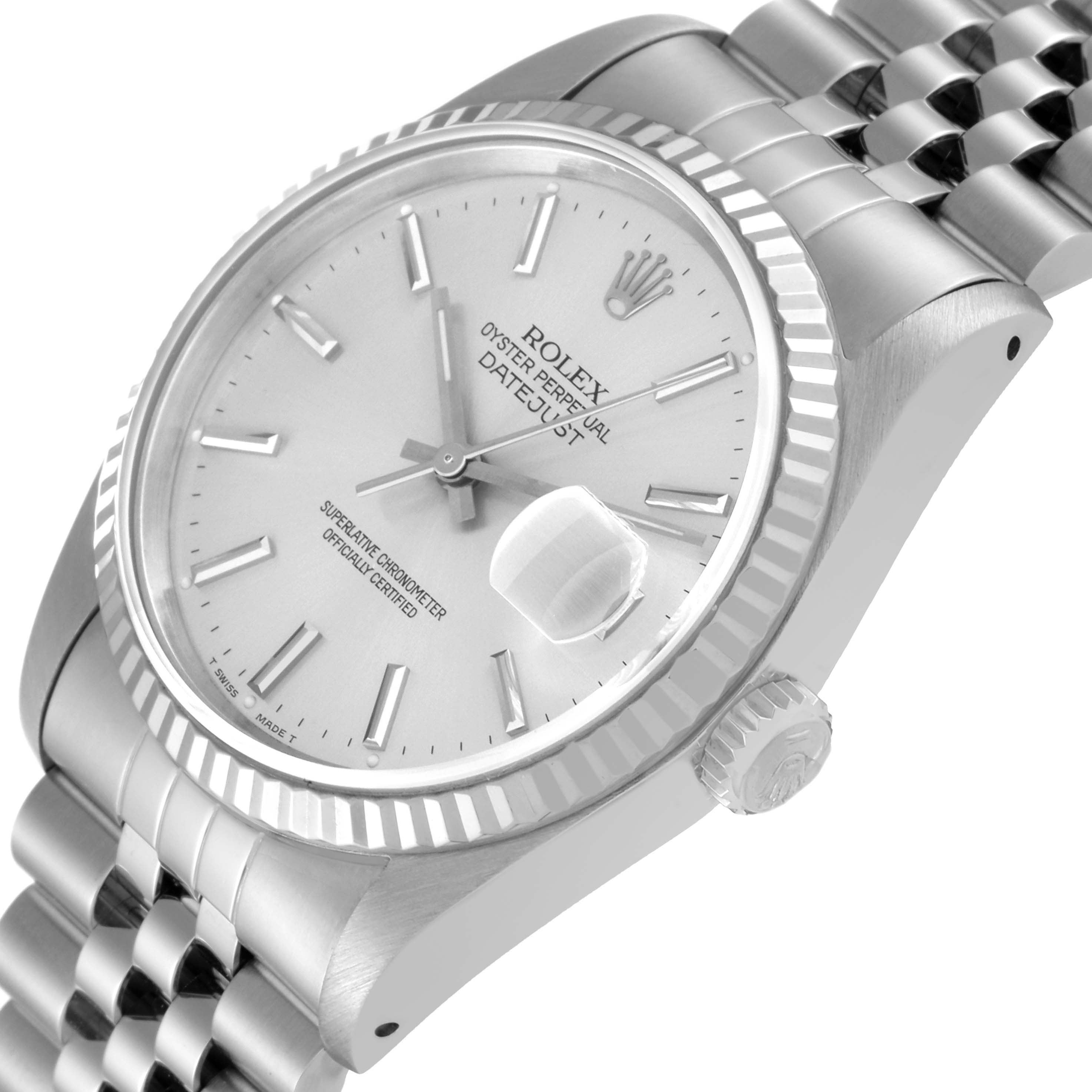 This image shows a Rolex Datejust 16234 Men's Stainless Steel Silver Dial 16234 Men's Stainless Steel Silver Dial watch angled from the upper-left side, highlighting the dial, fluted bezel, crown, and part of the bracelet.
