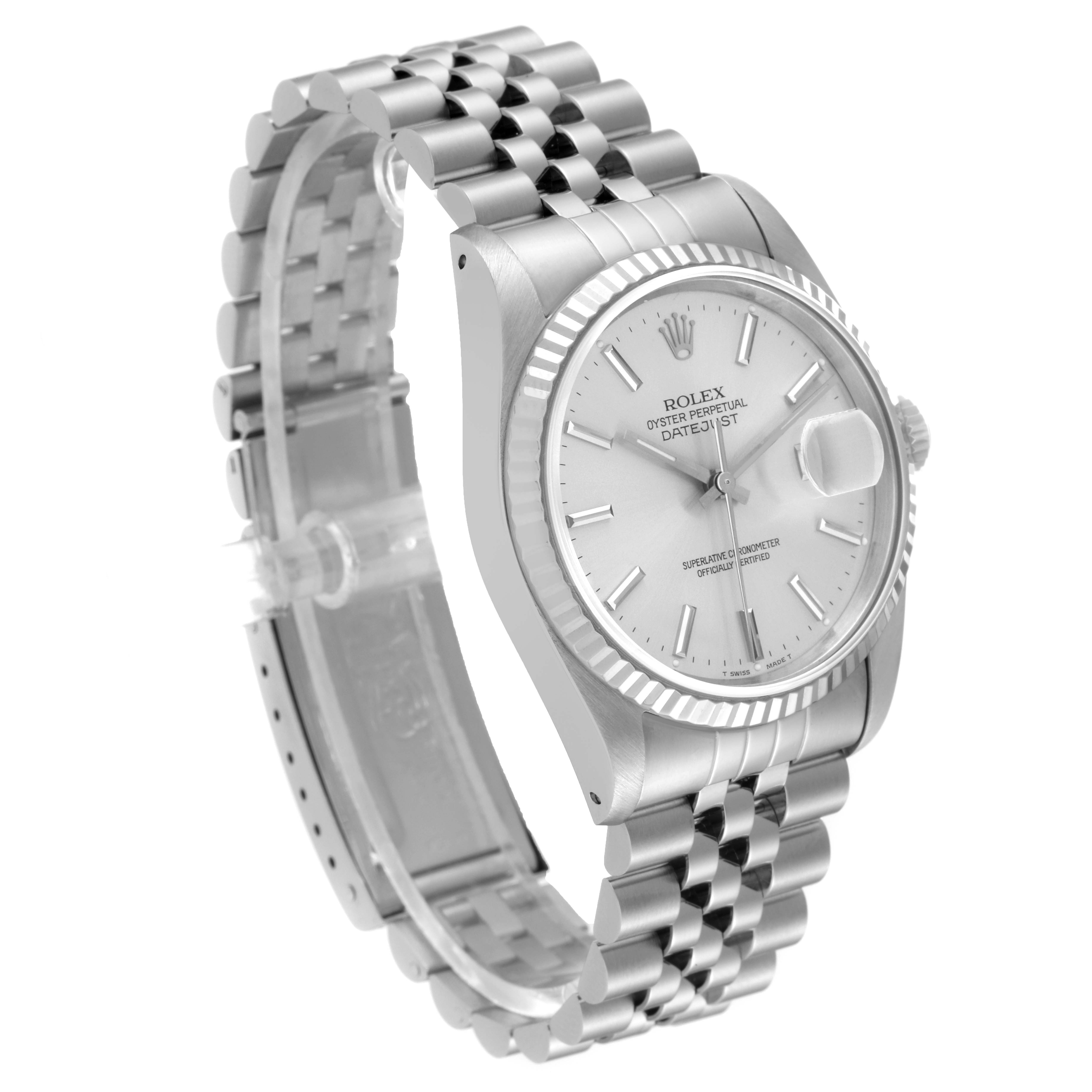 This image shows a Rolex Datejust 16234 Men's Stainless Steel Silver Dial 16234 Men's Stainless Steel Silver Dial watch from an angled front view, displaying the face, bezel, and bracelet.