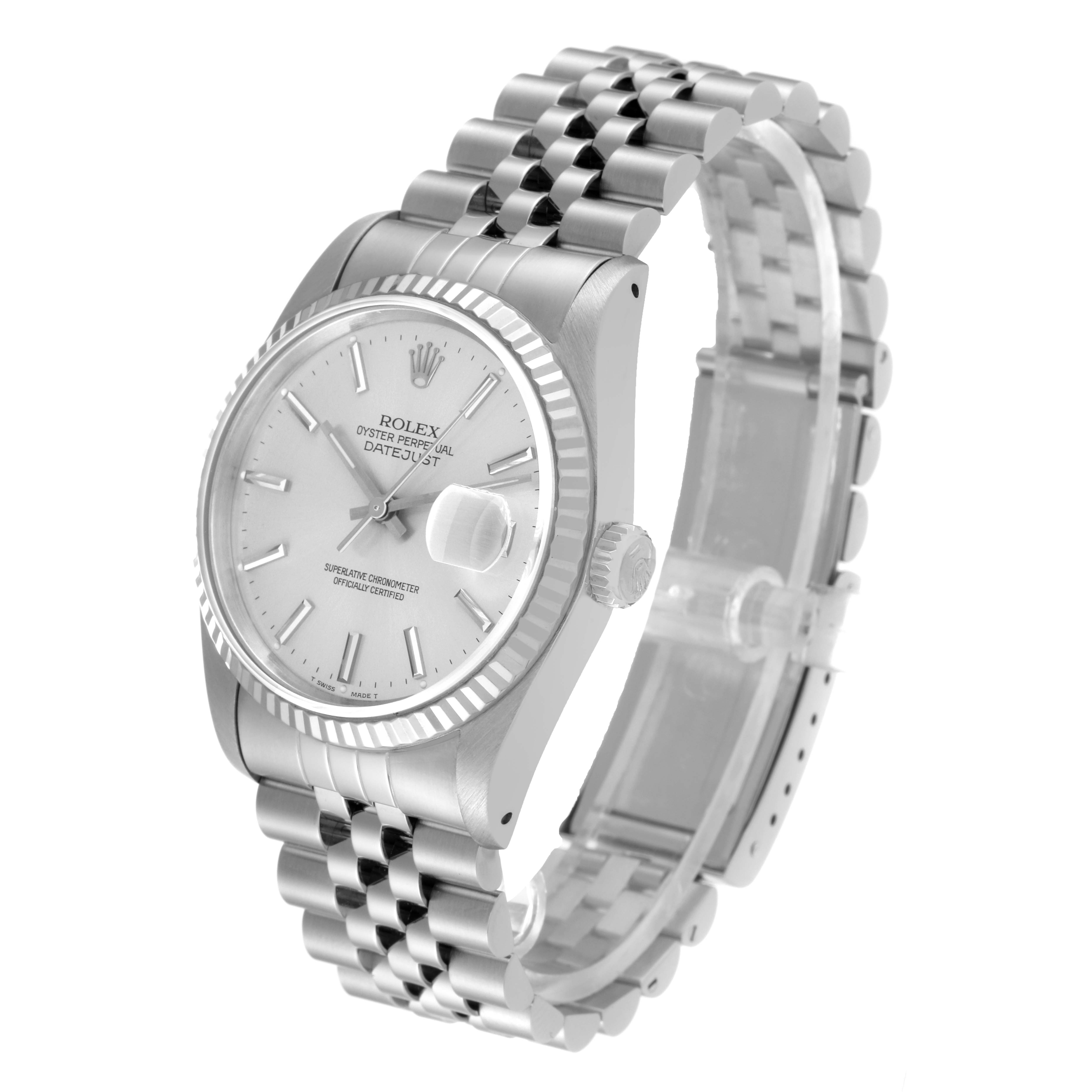 The Rolex Datejust 16234 Men's Stainless Steel Silver Dial 16234 Men's Stainless Steel Silver Dial watch is shown at a three-quarter angle, featuring the face, bezel, crown, and part of the bracelet.