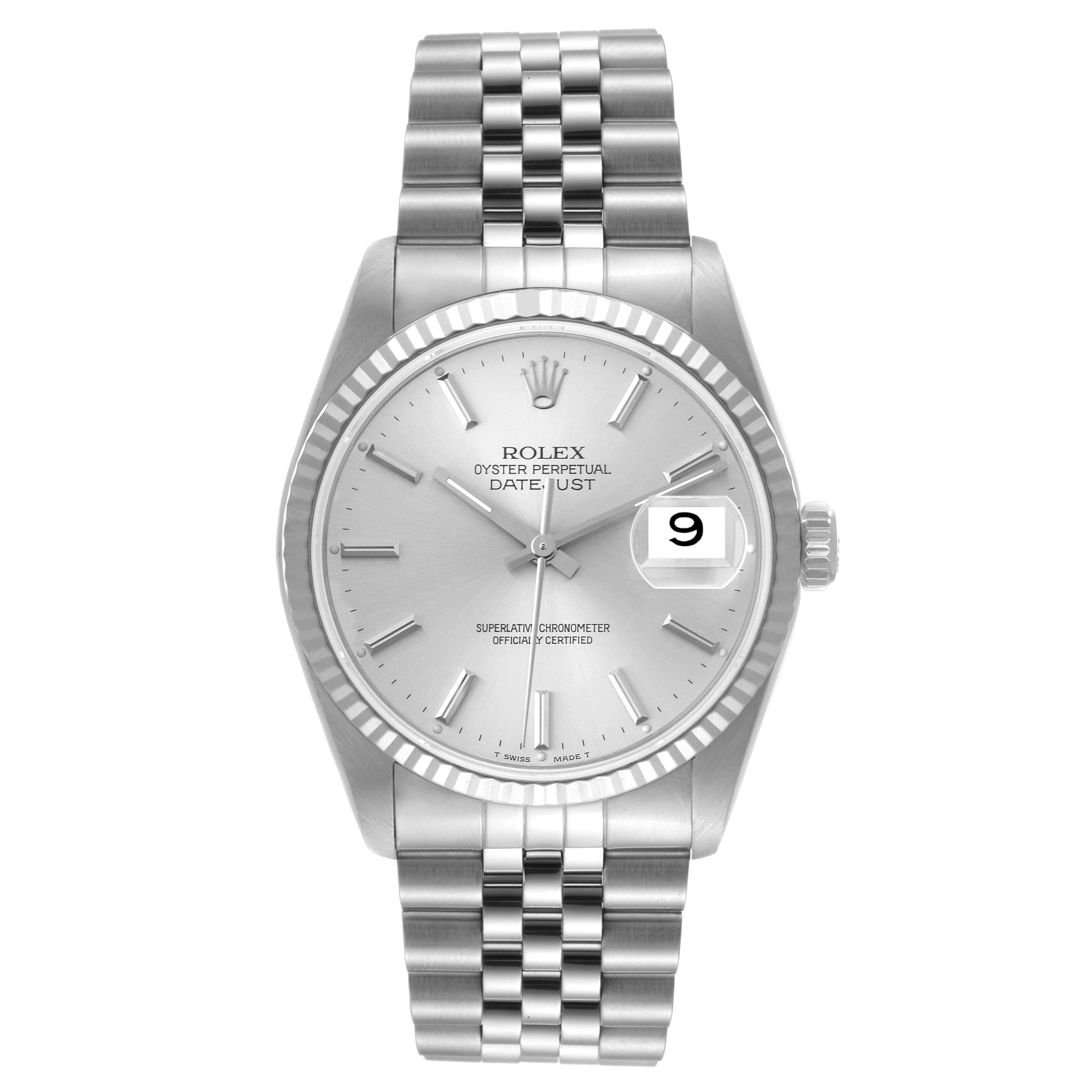 The image shows a front view of a Rolex Datejust 16234 Men's Stainless Steel Silver Dial 16234 Men's Stainless Steel Silver Dial watch with a silver dial, fluted bezel, and Jubilee bracelet.