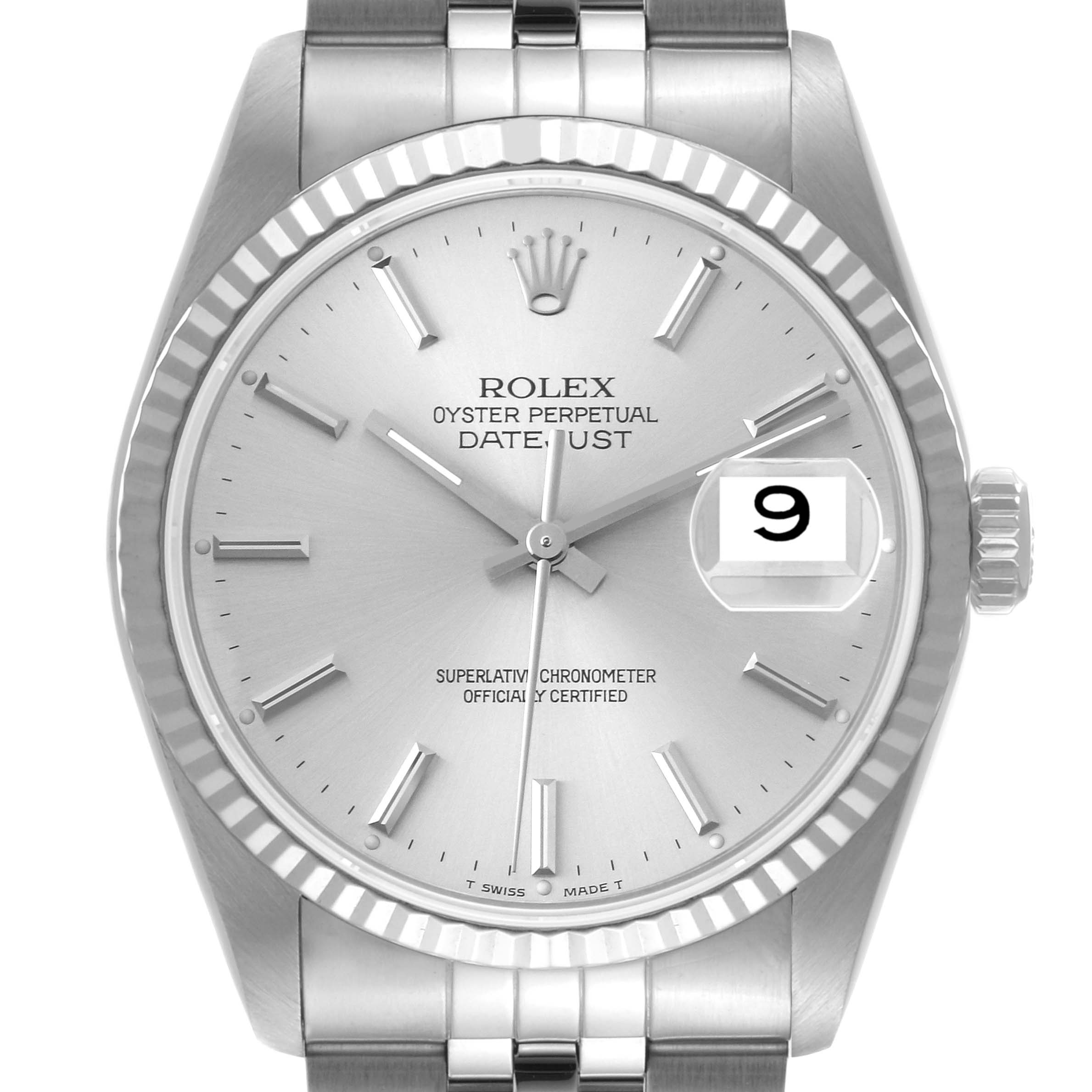 This image shows a front view of the Rolex Datejust 16234 Men's Stainless Steel Silver Dial 16234 Men's Stainless Steel Silver Dial watch, displaying the dial, bezel, and part of the bracelet.