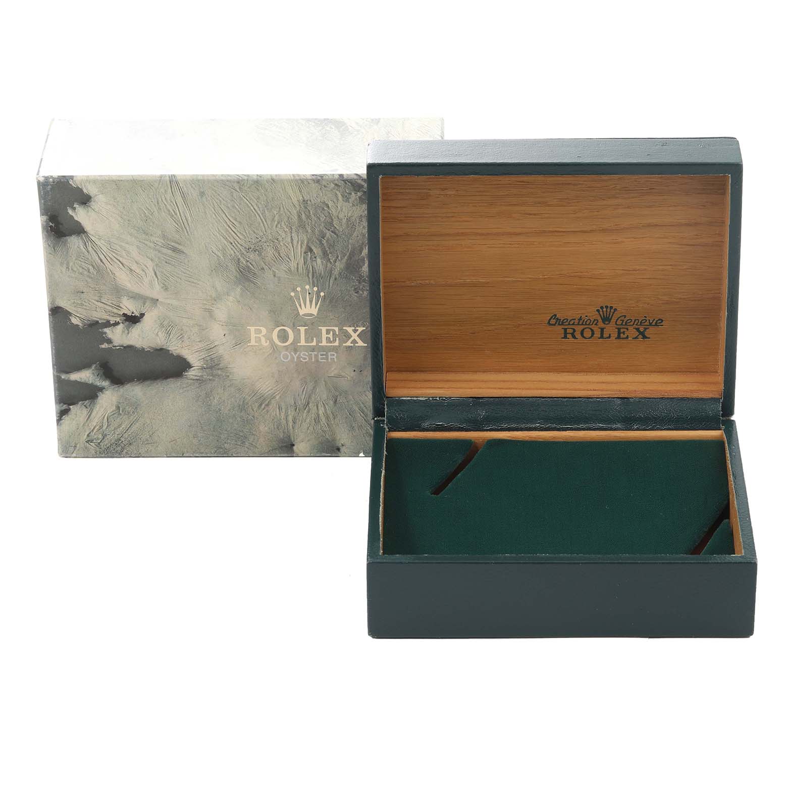 The image shows an empty Rolex Datejust 16234 Men's Stainless Steel Silver Dial 16234 Men's Stainless Steel Silver Dial watch box and its outer sleeve, viewed from the front.