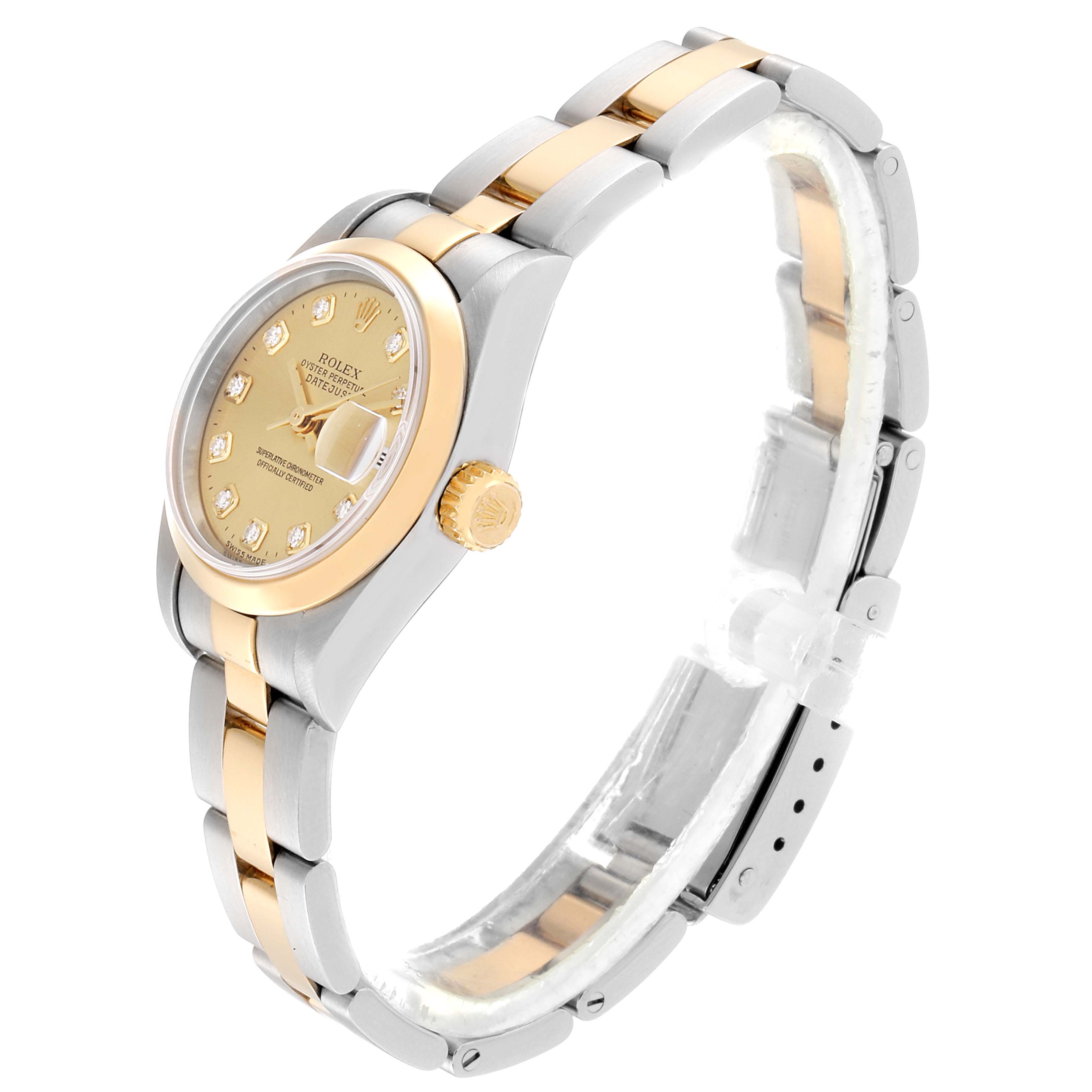 The image shows a side angle of a Rolex Datejust 79163 Women's Steel and Gold (two tone) Champagne Dial 79163 Women's Steel and Gold (two tone) Champagne Dial watch, highlighting the dial, bezel, crown, and part of the bracelet.