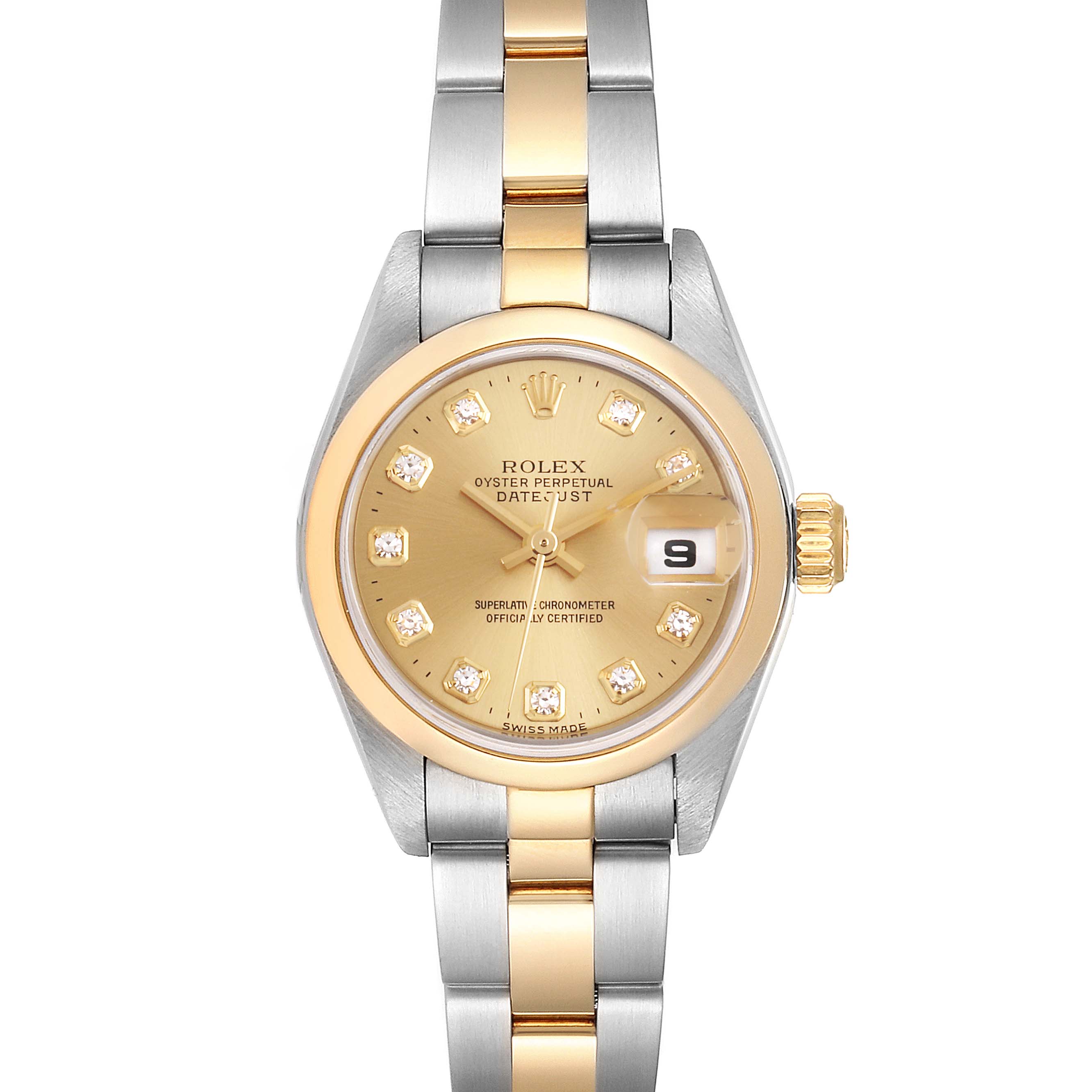 This image shows a front view of a Rolex Datejust 79163 Women's Steel and Gold (two tone) Champagne Dial 79163 Women's Steel and Gold (two tone) Champagne Dial watch featuring a gold dial and two-tone bracelet.