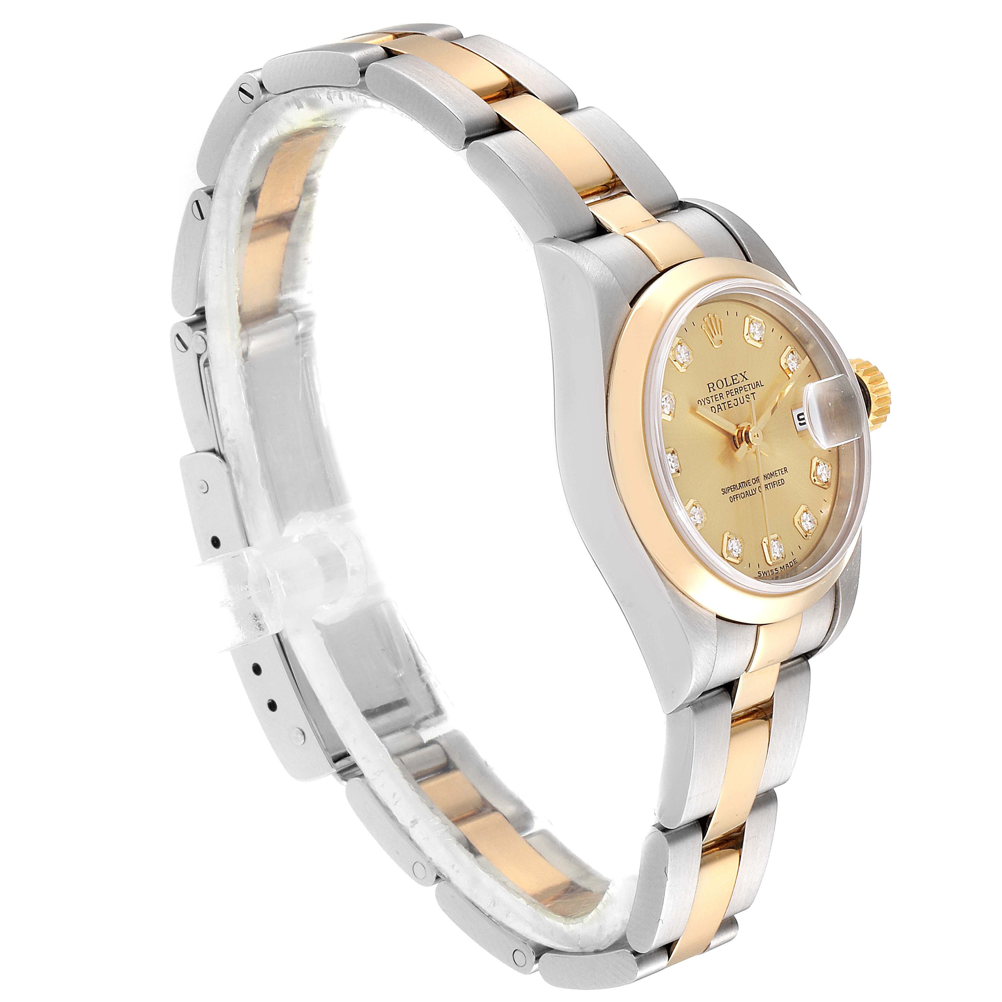 The image shows a side view of a Rolex Datejust 79163 Women's Steel and Gold (two tone) Champagne Dial 79163 Women's Steel and Gold (two tone) Champagne Dial watch, highlighting its two-tone bracelet and gold dial.