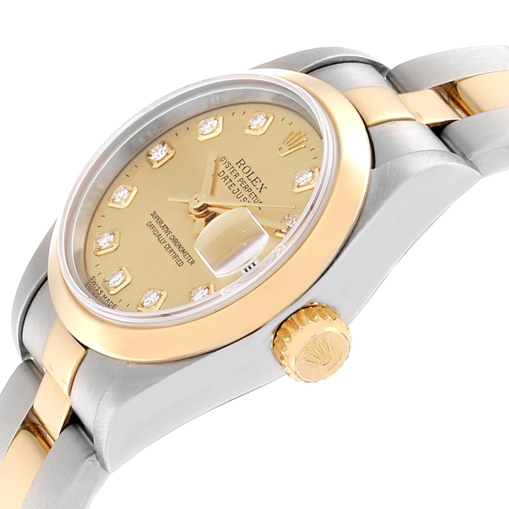 This image shows a close-up side angle of the Rolex Datejust 79163 Women's Steel and Gold (two tone) Champagne Dial 79163 Women's Steel and Gold (two tone) Champagne Dial watch, highlighting its dial, crown, and part of the bracelet.