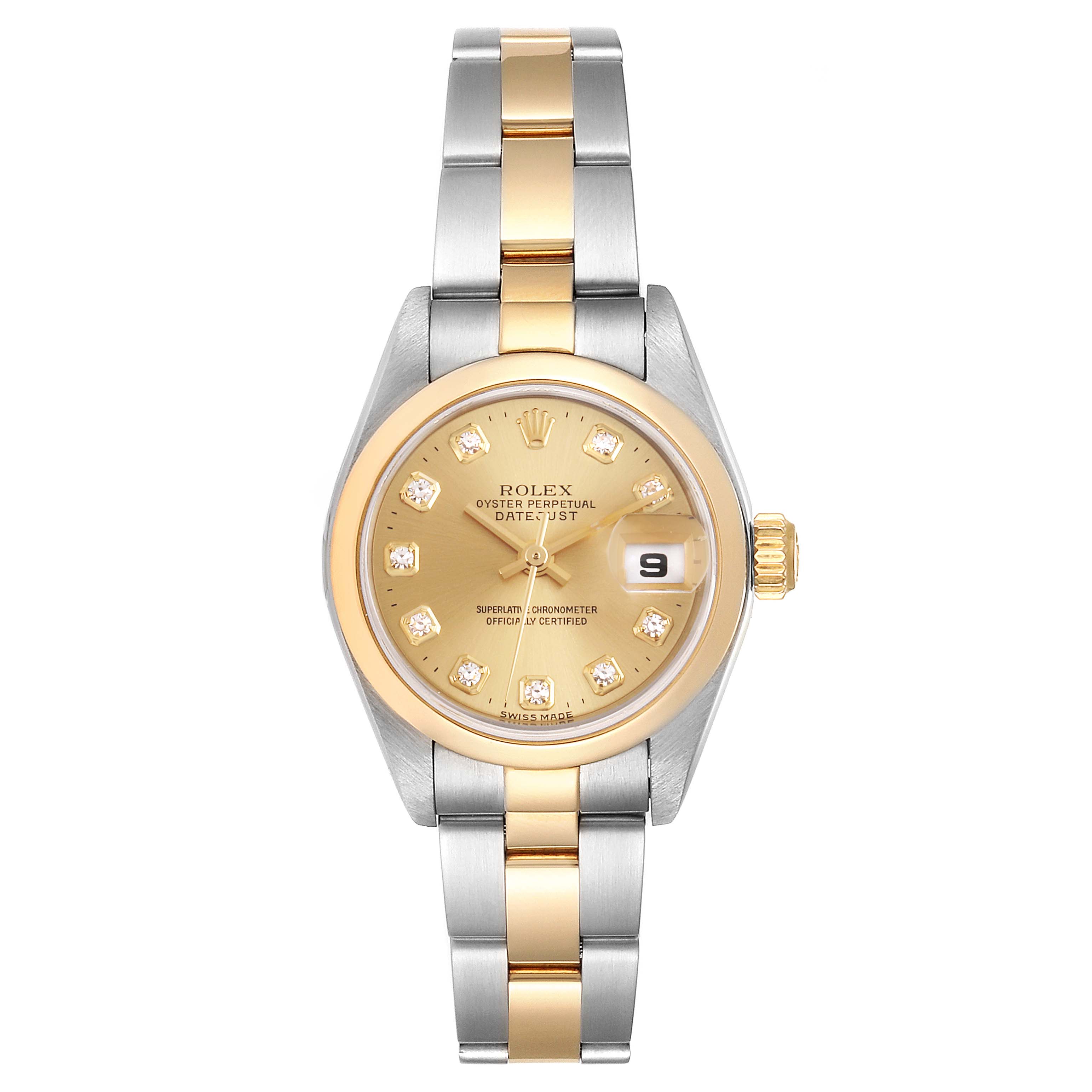This image shows a front view of a Rolex Datejust 79163 Women's Steel and Gold (two tone) Champagne Dial 79163 Women's Steel and Gold (two tone) Champagne Dial watch, highlighting its two-tone band, gold dial, and date indicator.