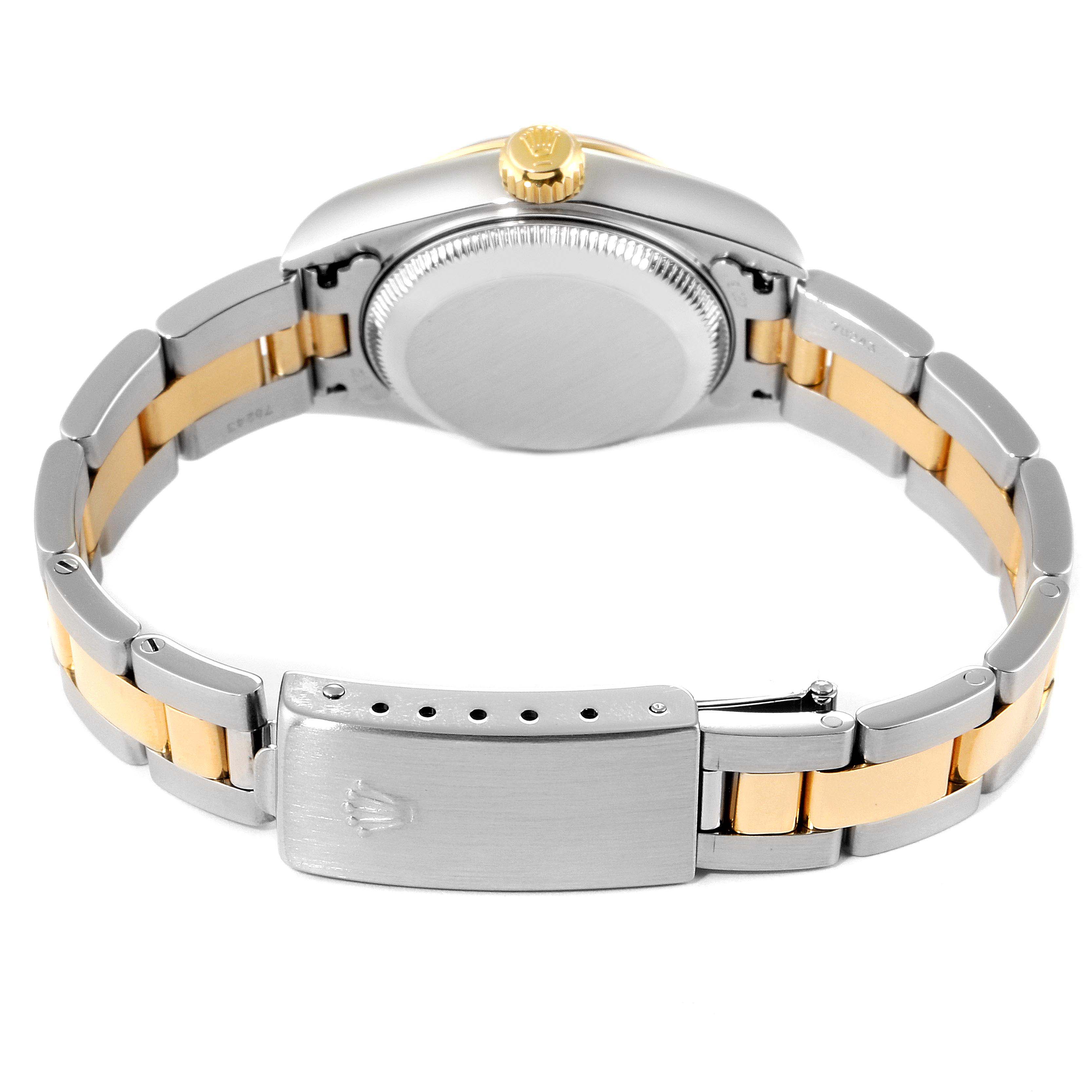 This image shows the back view of a Rolex Datejust 79163 Women's Steel and Gold (two tone) Champagne Dial 79163 Women's Steel and Gold (two tone) Champagne Dial watch, highlighting the clasp, bracelet, case back, and crown.