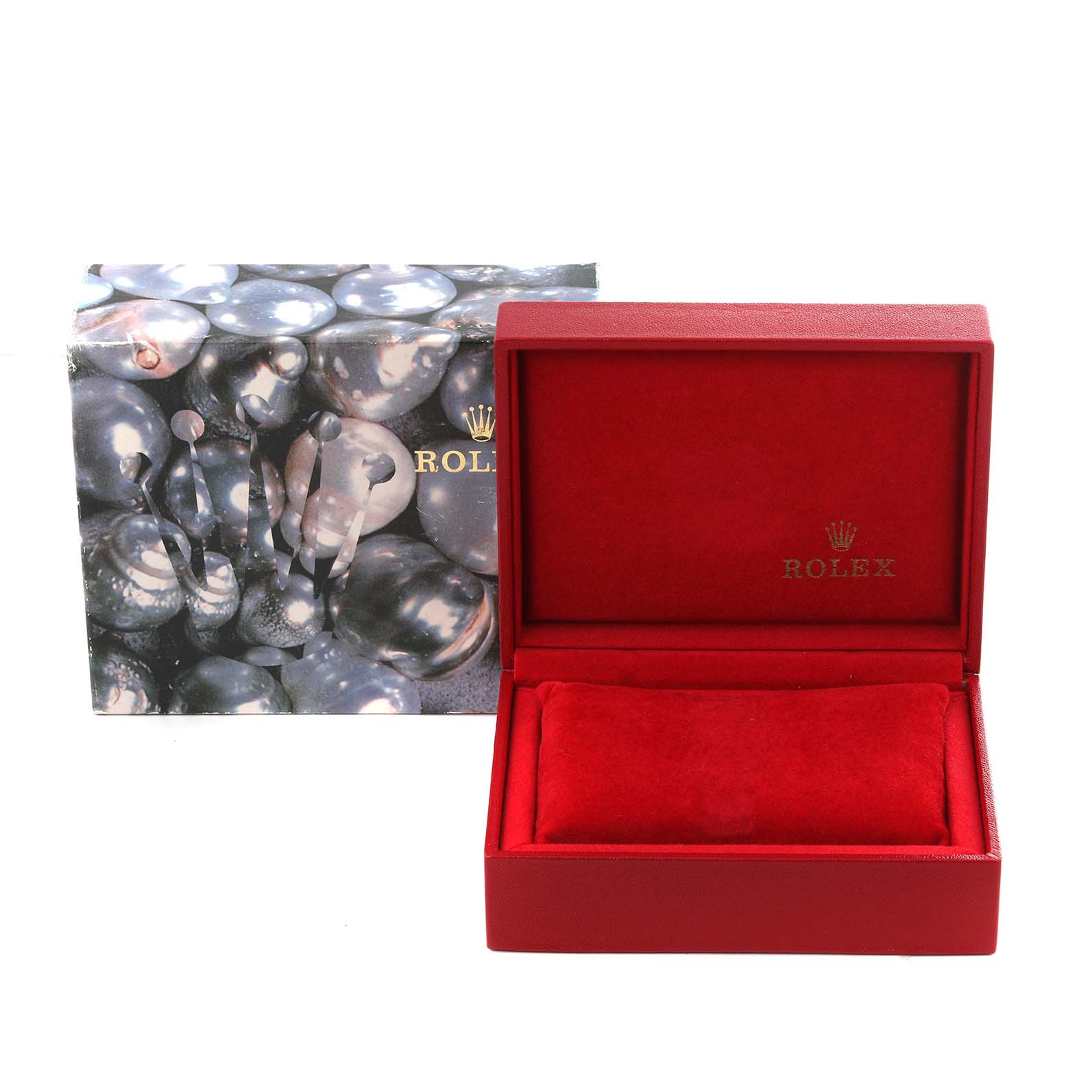 The image shows an open red Rolex Datejust 79163 Women
s Steel and Gold (two tone) Champagne Dial 79163 Women
s Steel and Gold (two tone) Champagne Dial watch box with a matching red interior cushion and a patterned outer box.