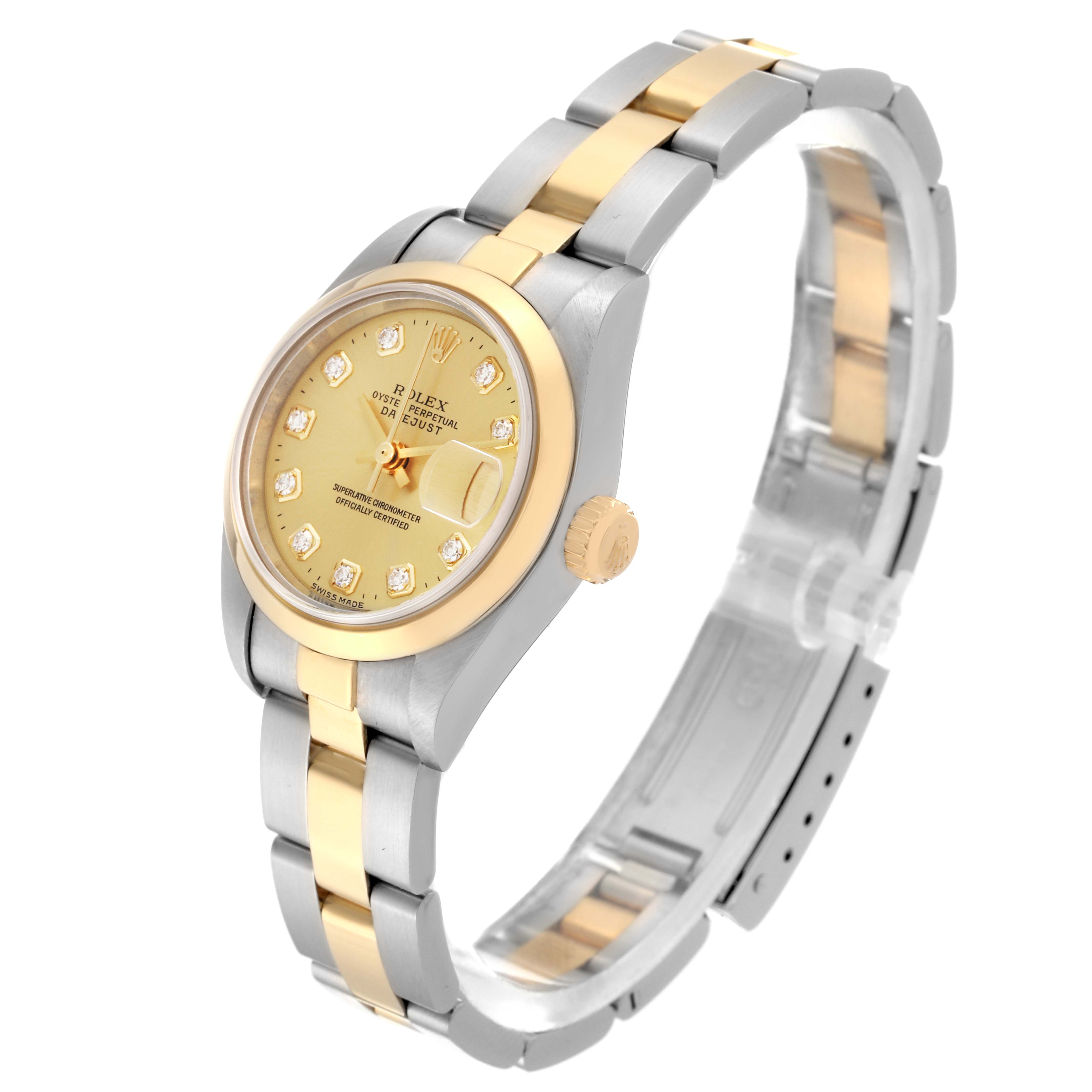 This image shows a Rolex Datejust 79163 Women
s Steel and Gold (two tone) Champagne Dial 79163 Women
s Steel and Gold (two tone) Champagne Dial watch at a three-quarter angle, revealing the face, bezel, crown, and part of the bracelet.