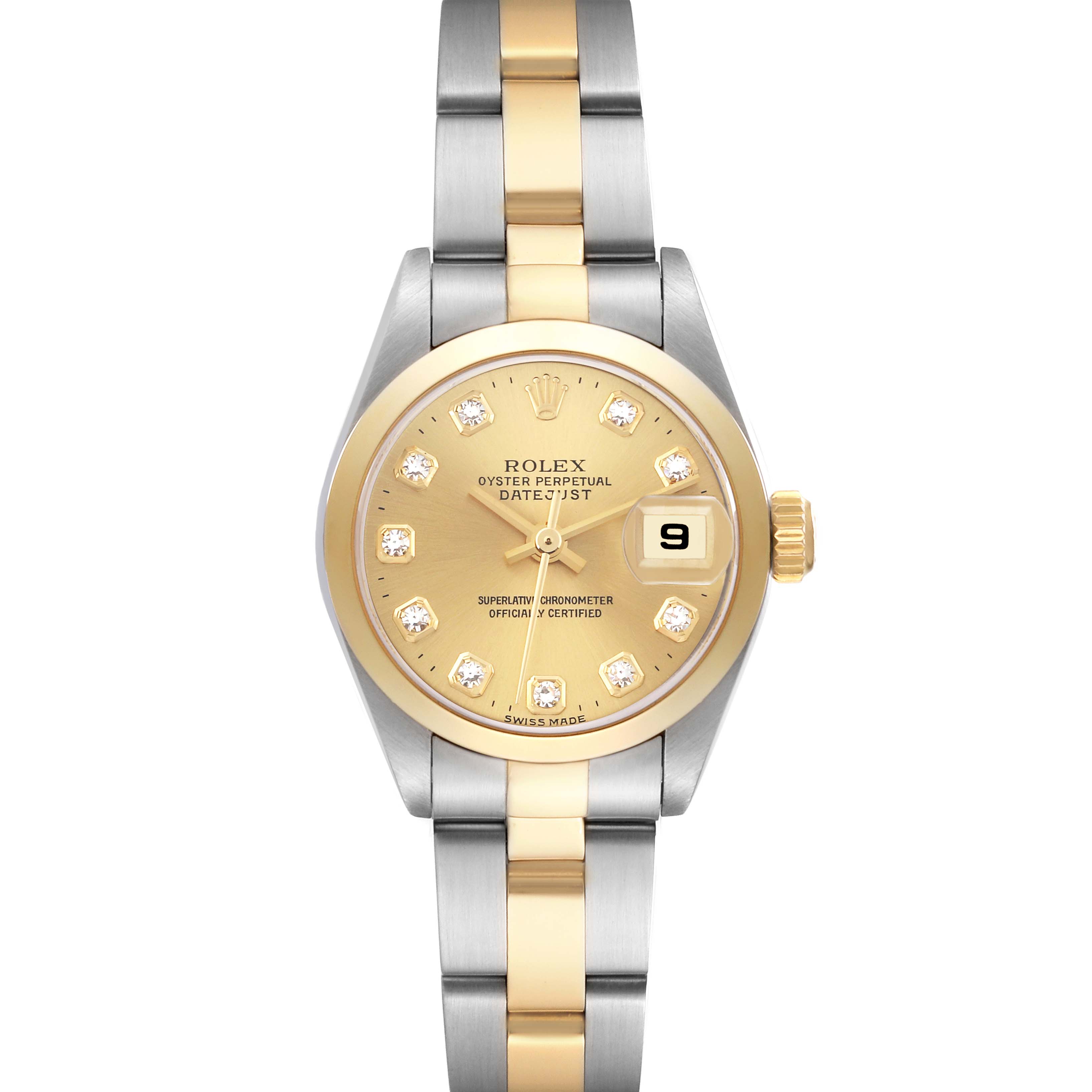 The image shows a front view of the Rolex Datejust 79163 Women
s Steel and Gold (two tone) Champagne Dial 79163 Women
s Steel and Gold (two tone) Champagne Dial watch, featuring a two-tone bracelet and a date window at 3 o
clock.