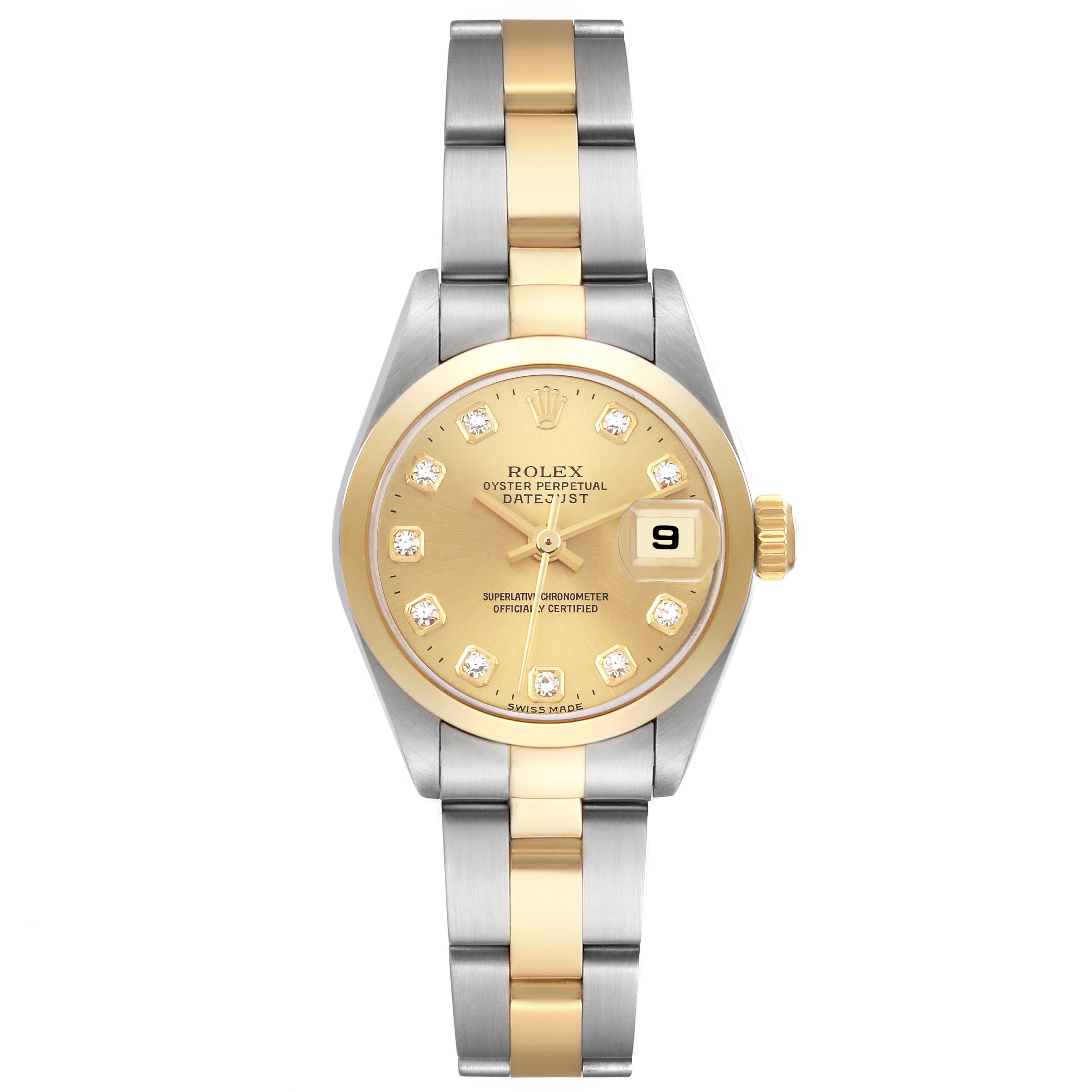 This image shows a front view of a Rolex Datejust 79163 Women
s Steel and Gold (two tone) Champagne Dial 79163 Women
s Steel and Gold (two tone) Champagne Dial watch, highlighting the dial, bracelet, bezel, and date function.
