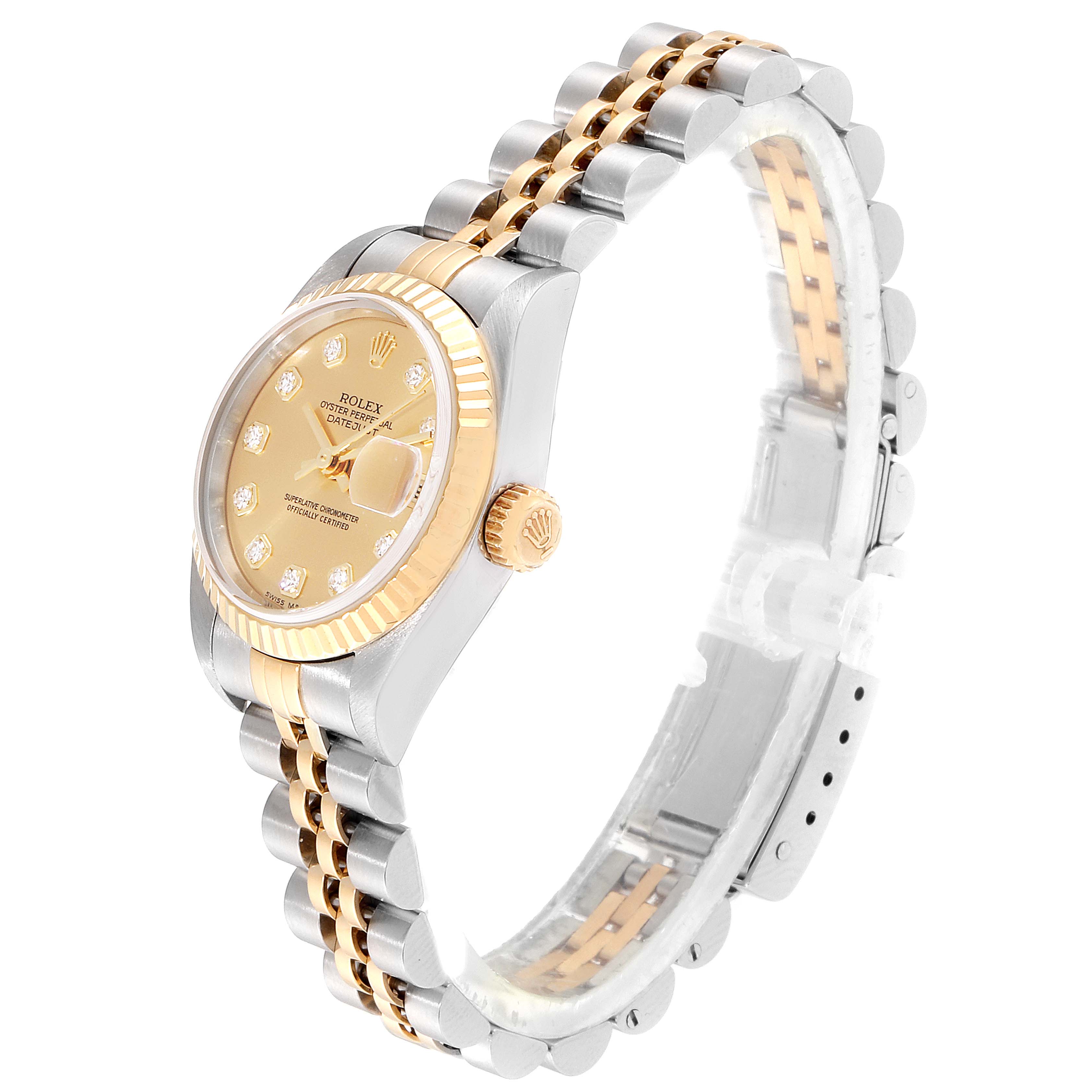 The image shows a side view of a Rolex Datejust 79173 Women's Steel and Gold (two tone) Champagne Dial 79173 Women's Steel and Gold (two tone) Champagne Dial watch, highlighting its gold dial, bezel, crown, and two-tone bracelet.
