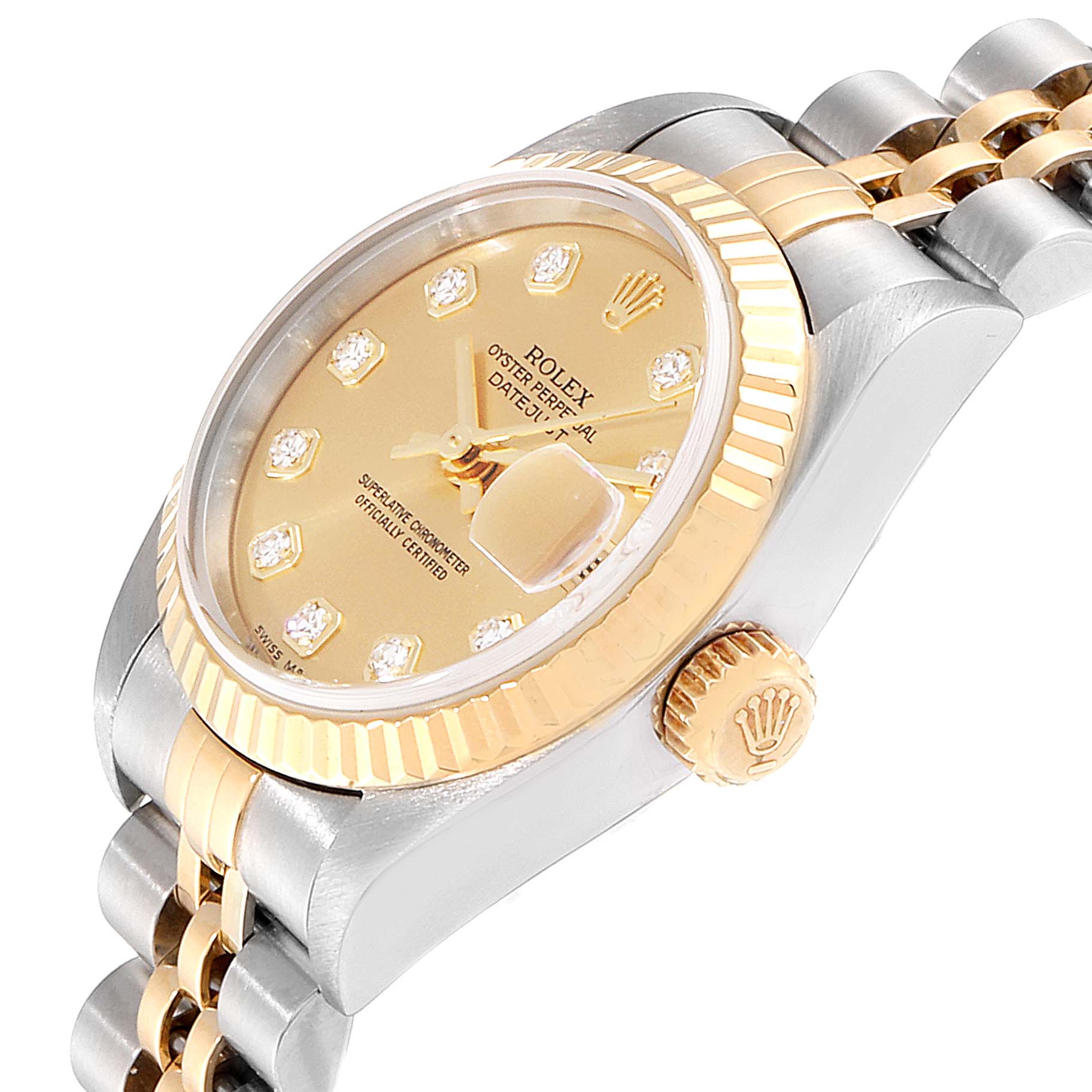 The image shows a close-up side angle of the Rolex Datejust 79173 Women's Steel and Gold (two tone) Champagne Dial 79173 Women's Steel and Gold (two tone) Champagne Dial watch, highlighting its crown, bezel, dial, and bracelet.