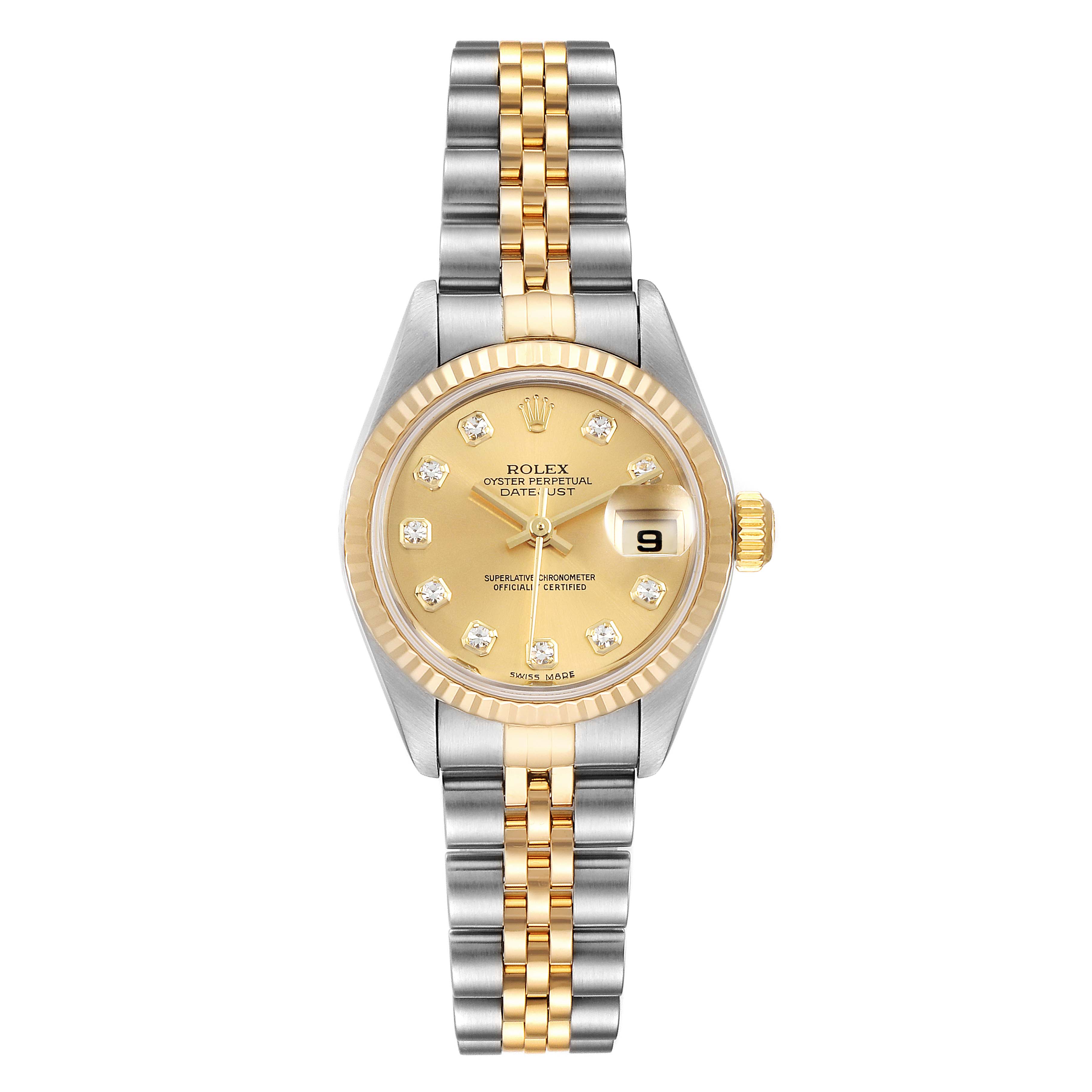 The image shows a front view of the Rolex Datejust 79173 Women's Steel and Gold (two tone) Champagne Dial 79173 Women's Steel and Gold (two tone) Champagne Dial watch, displaying the face, crown, and two-tone bracelet.