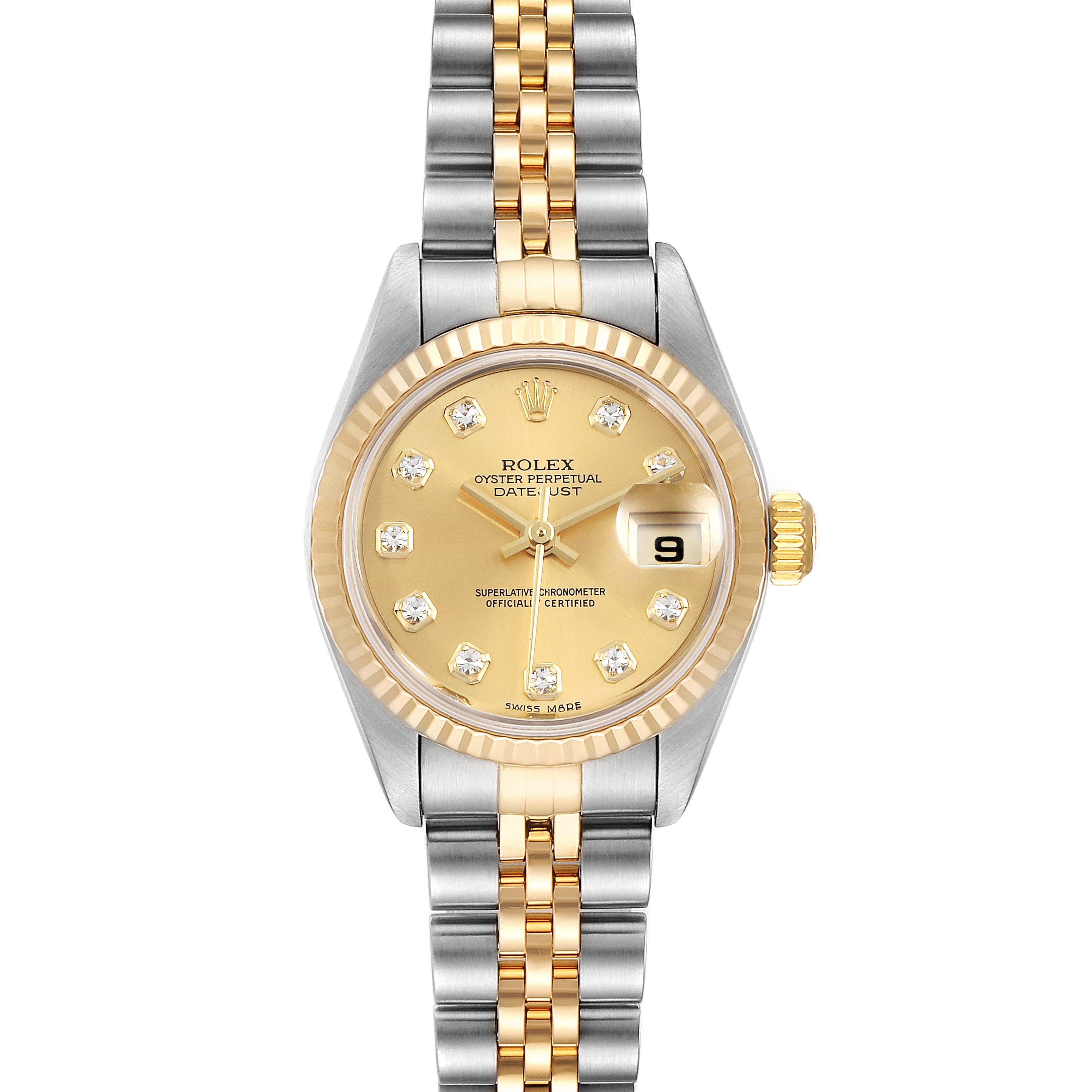 The image shows the front view of a Rolex Datejust 79173 Women's Steel and Gold (two tone) Champagne Dial 79173 Women's Steel and Gold (two tone) Champagne Dial watch, featuring a gold dial, diamond markers, and a two-tone bracelet.
