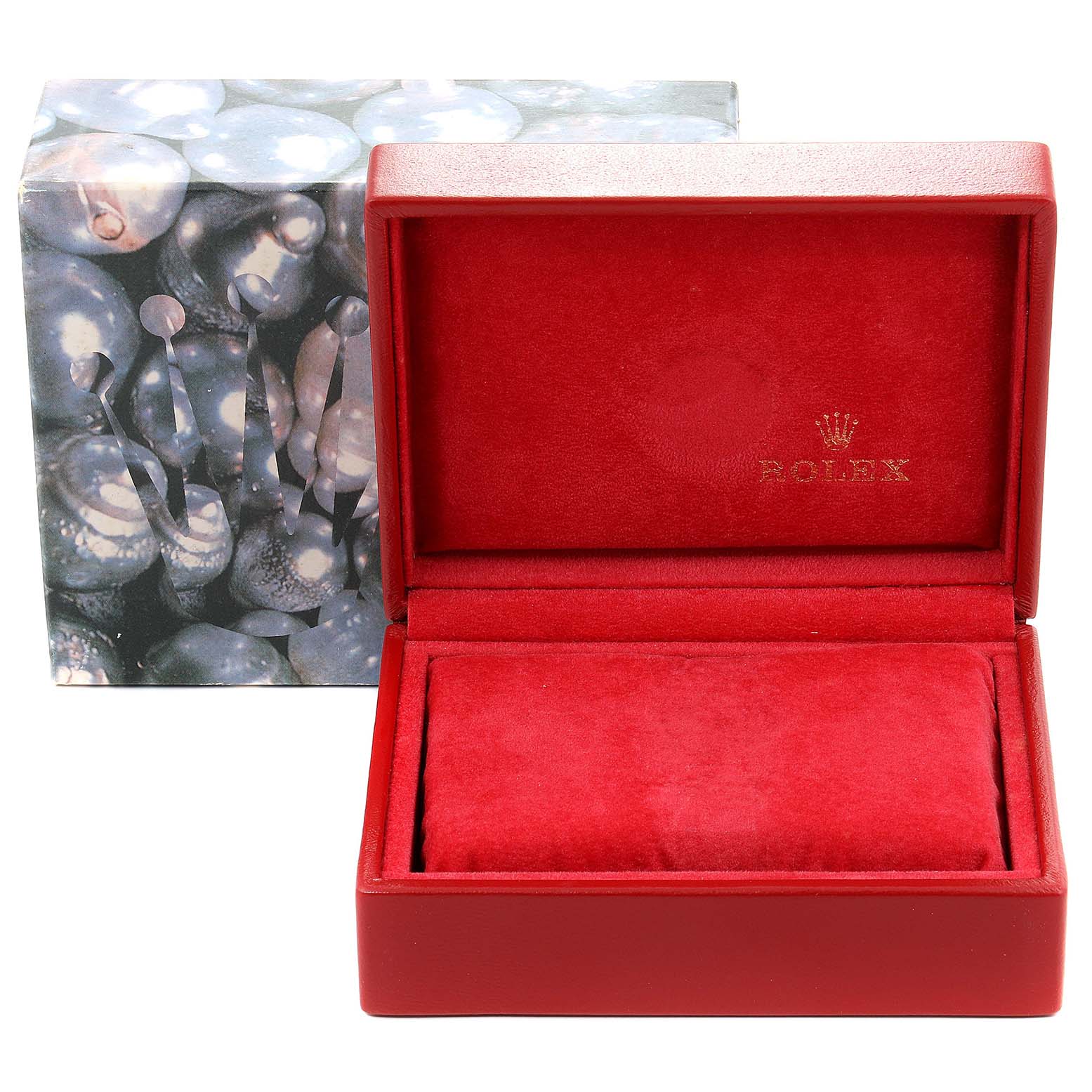 This image shows an empty red Rolex Datejust 79173 Women's Steel and Gold (two tone) Champagne Dial 79173 Women's Steel and Gold (two tone) Champagne Dial watch box with its lid open, and the exterior packaging behind it.