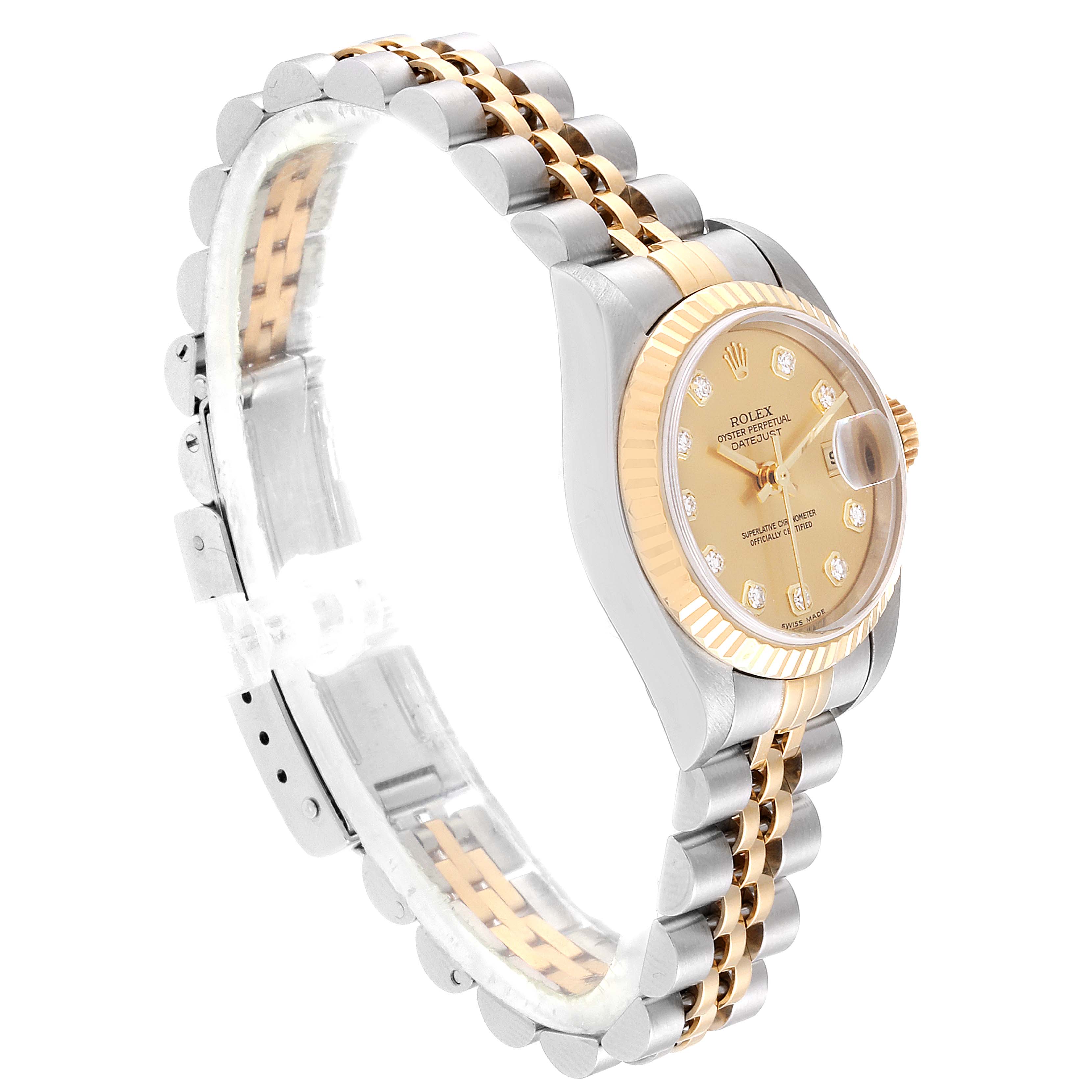 This image shows a side view of a Rolex Datejust 79173 Women's Steel and Gold (two tone) Champagne Dial 79173 Women's Steel and Gold (two tone) Champagne Dial watch, highlighting its two-tone bracelet and gold dial with diamond markers.