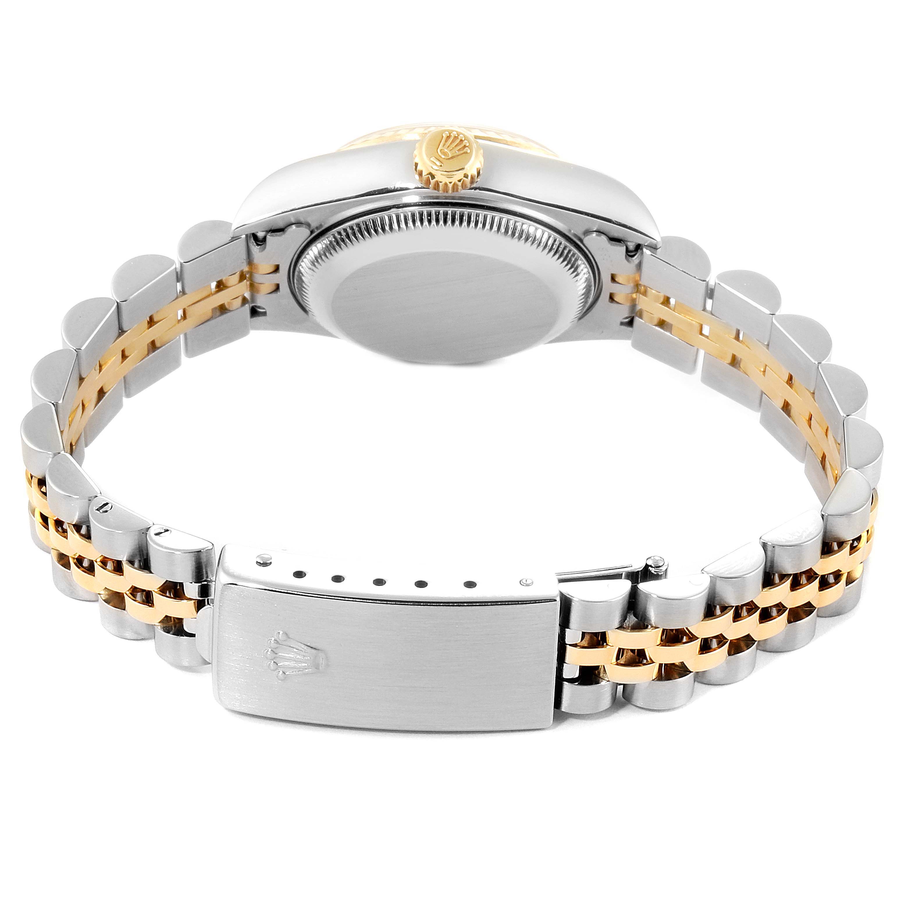 The Rolex Datejust 79173 Women's Steel and Gold (two tone) Champagne Dial 79173 Women's Steel and Gold (two tone) Champagne Dial watch is shown from the back, highlighting the bracelet and clasp.