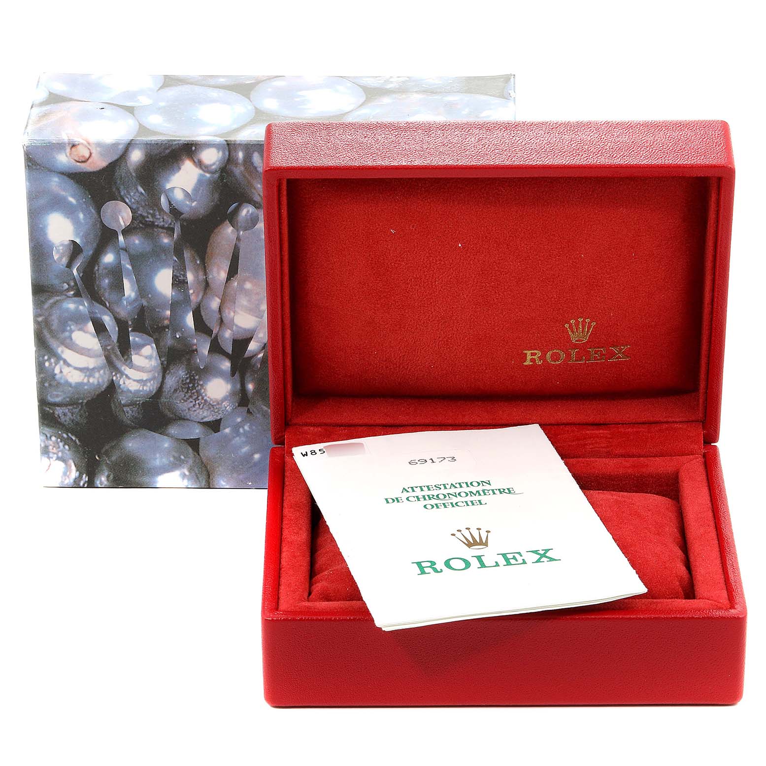 The image shows a Rolex Datejust 69173 Women's Steel and Gold (two tone) Champagne Dial 69173 Women's Steel and Gold (two tone) Champagne Dial box and booklet from a front angle, with the box open and the booklet inside.