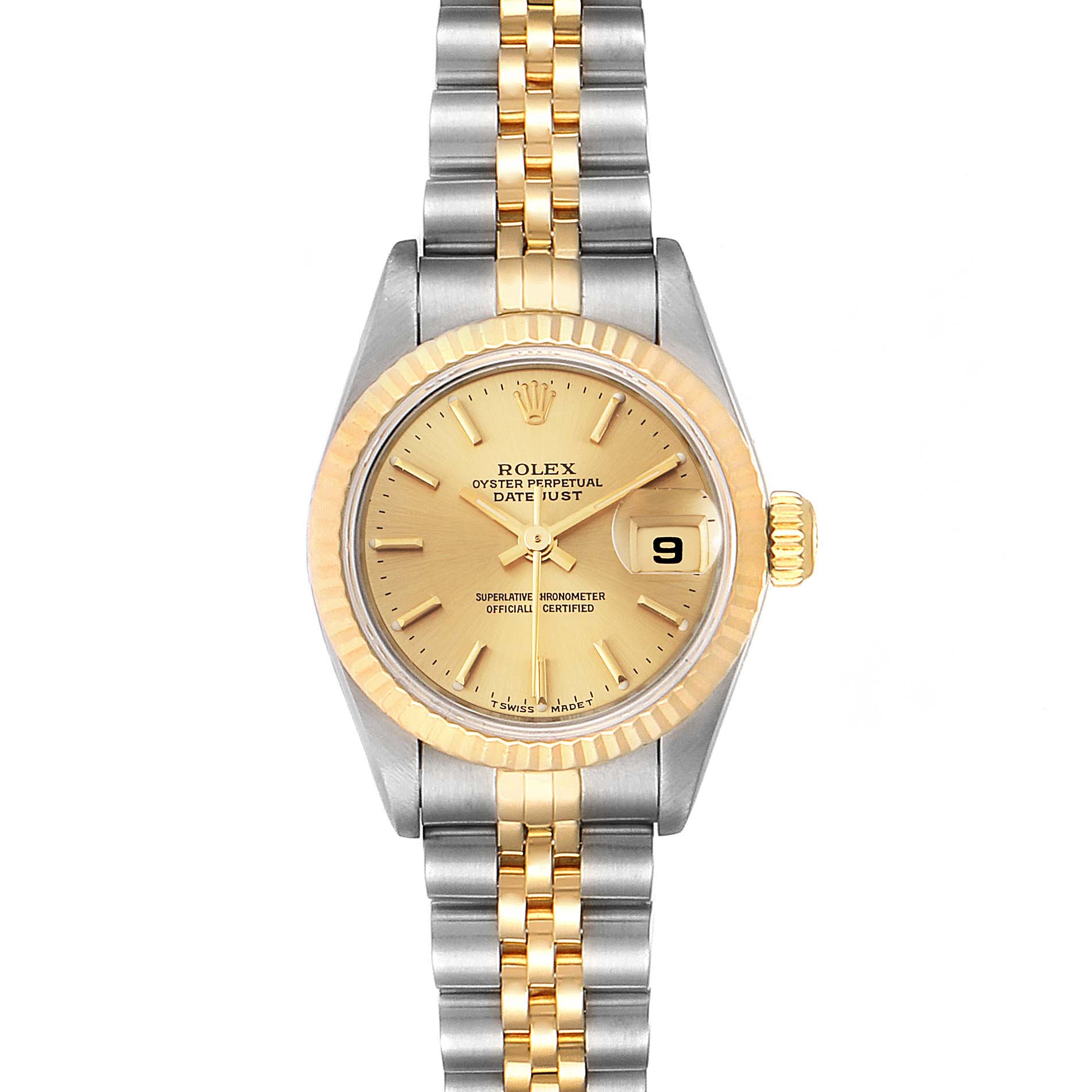 This Rolex Datejust 69173 Women's Steel and Gold (two tone) Champagne Dial 69173 Women's Steel and Gold (two tone) Champagne Dial watch is shown from a top-down angle, displaying its face, bezel, bracelet, and crown.