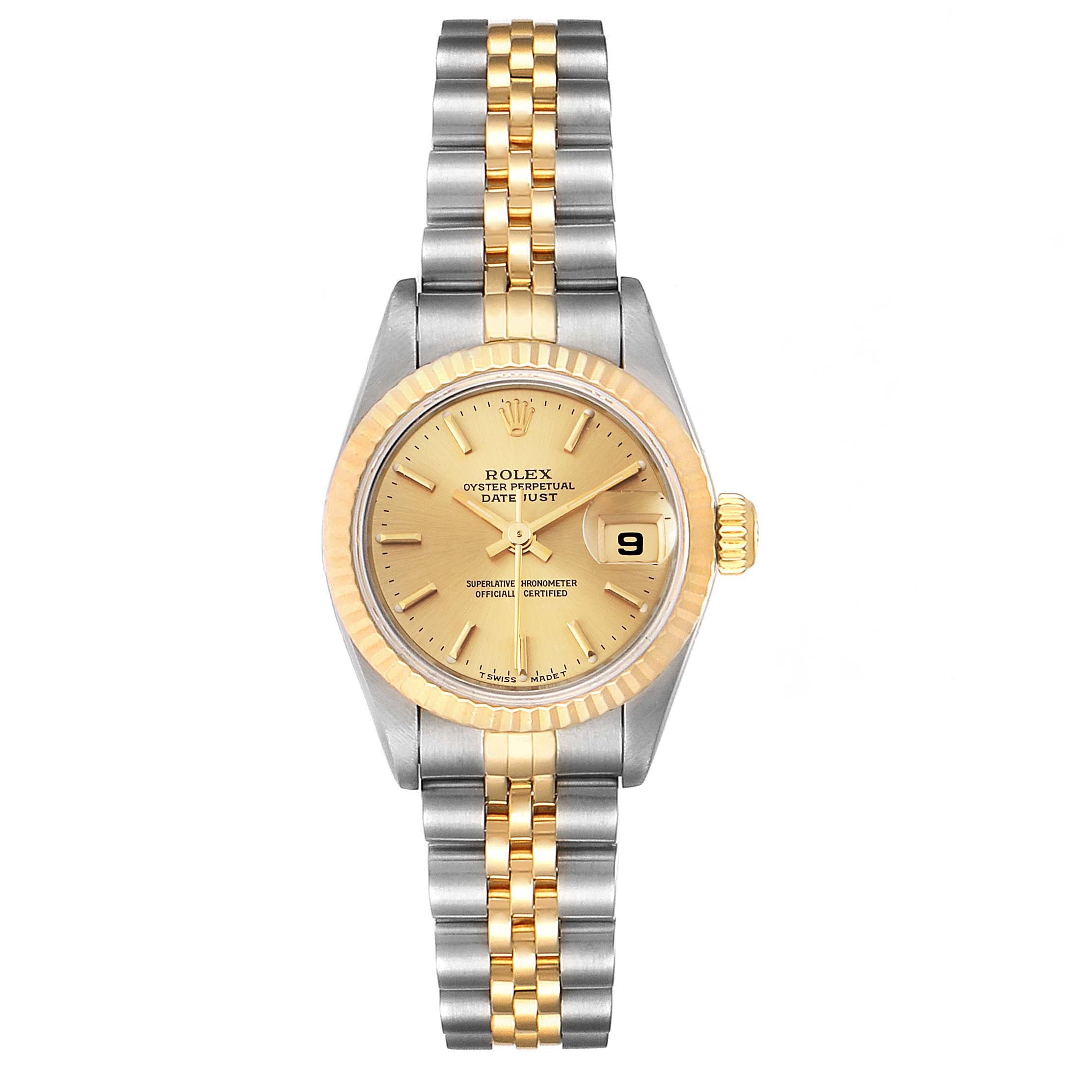 This image shows a Rolex Datejust 69173 Women's Steel and Gold (two tone) Champagne Dial 69173 Women's Steel and Gold (two tone) Champagne Dial watch from the front, highlighting the dial, bezel, and bracelet.