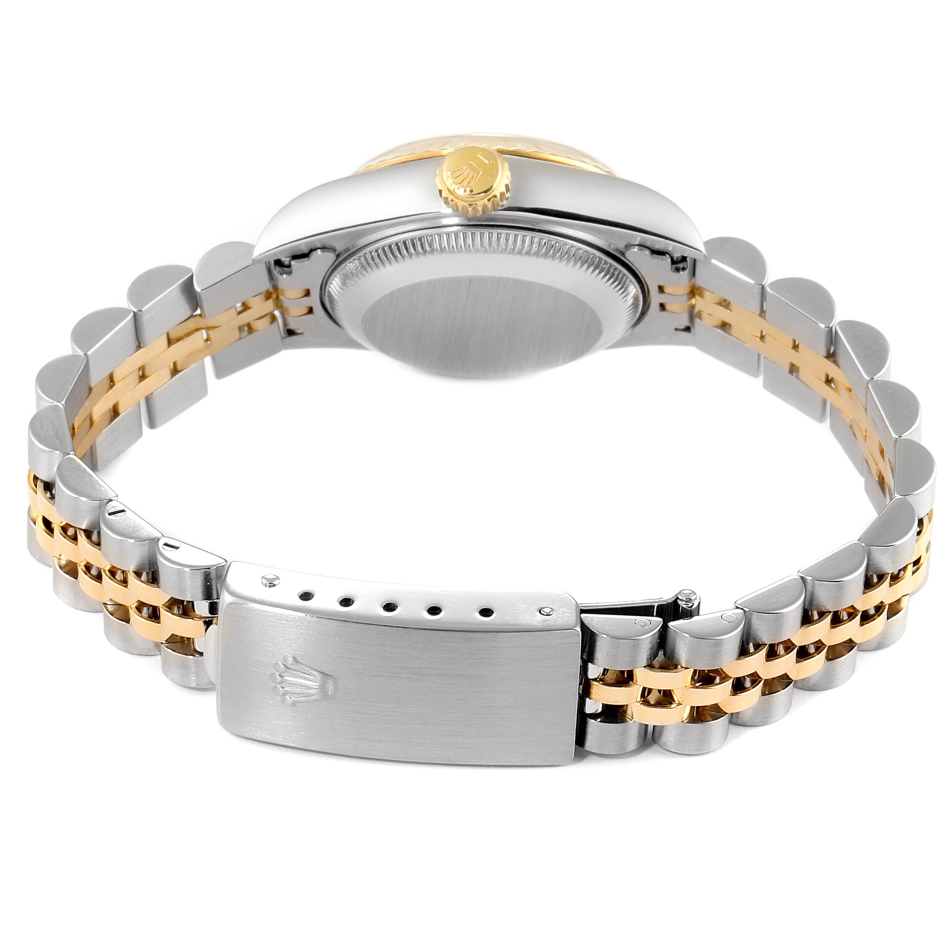 The image shows the back view of a Rolex Datejust 69173 Women's Steel and Gold (two tone) Champagne Dial 69173 Women's Steel and Gold (two tone) Champagne Dial watch, highlighting its clasp, bracelet, case back, and crown.