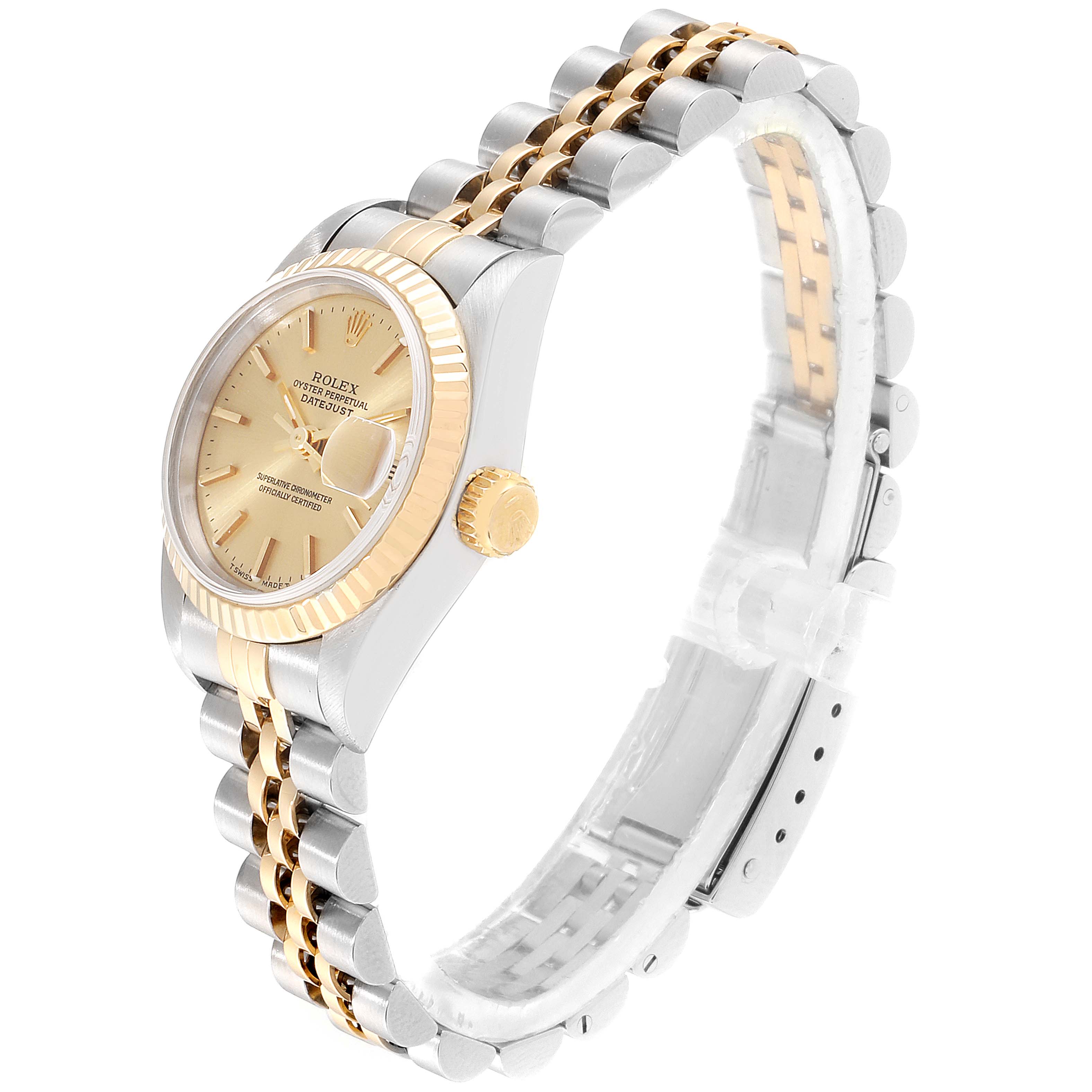 This image shows a side angle view of a Rolex Datejust 69173 Women's Steel and Gold (two tone) Champagne Dial 69173 Women's Steel and Gold (two tone) Champagne Dial watch, highlighting the dial, crown, and bracelet.