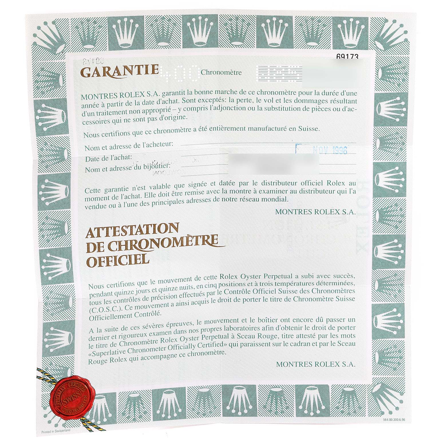 This image shows the guarantee and chronometer certification documents for a Rolex Datejust 69173 Women's Steel and Gold (two tone) Champagne Dial 69173 Women's Steel and Gold (two tone) Champagne Dial watch.