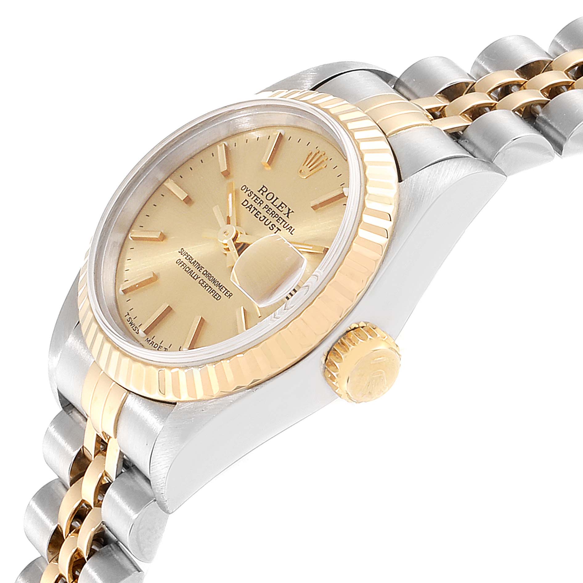 The image shows a side view of the Rolex Datejust 69173 Women's Steel and Gold (two tone) Champagne Dial 69173 Women's Steel and Gold (two tone) Champagne Dial watch, highlighting its gold dial, fluted bezel, crown, and two-tone bracelet.