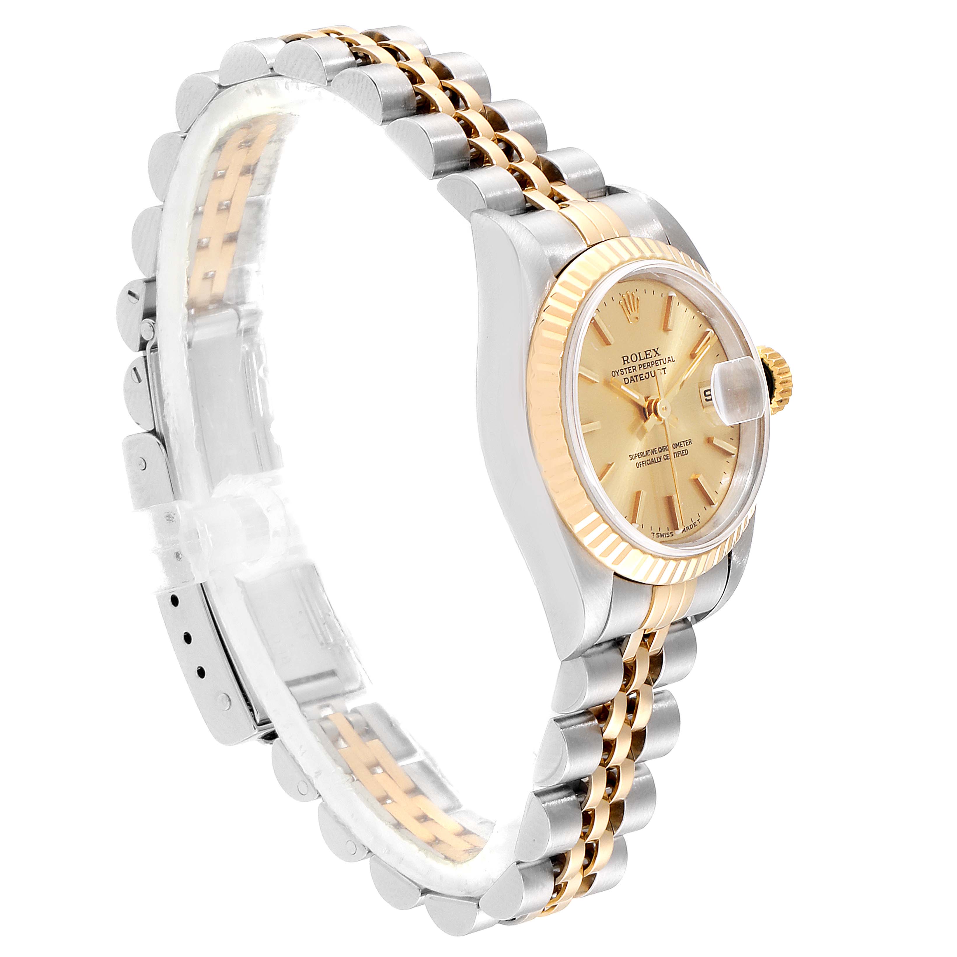 This image shows a side angle of a Rolex Datejust 69173 Women's Steel and Gold (two tone) Champagne Dial 69173 Women's Steel and Gold (two tone) Champagne Dial watch, highlighting the case, bezel, and bracelet.