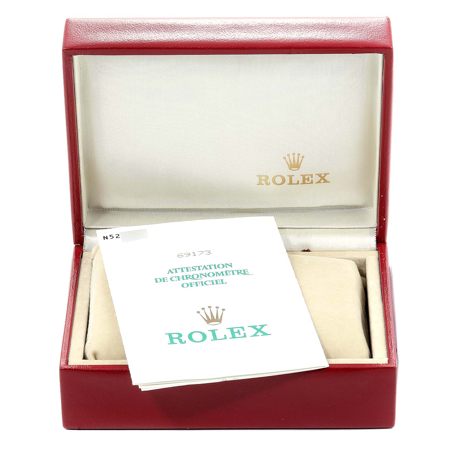 The image shows a red Rolex Datejust 69173 Women's Steel and Gold (two tone) Champagne Dial 69173 Women's Steel and Gold (two tone) Champagne Dial watch box with an official chronometer certification booklet inside.