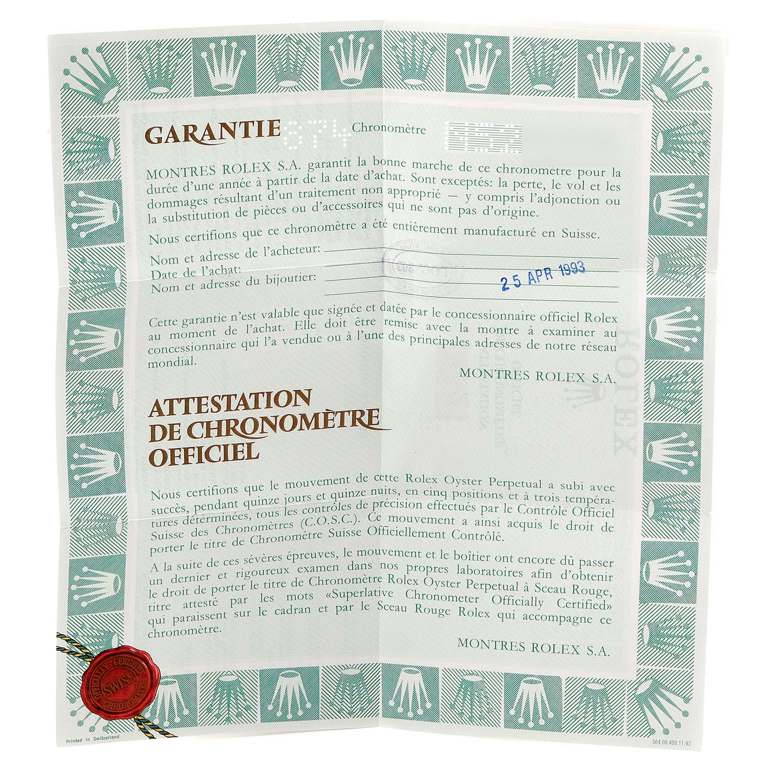 This is an image of a guarantee and chronometer certificate for a Rolex Datejust 69173 Women's Steel and Gold (two tone) Champagne Dial 69173 Women's Steel and Gold (two tone) Champagne Dial watch.