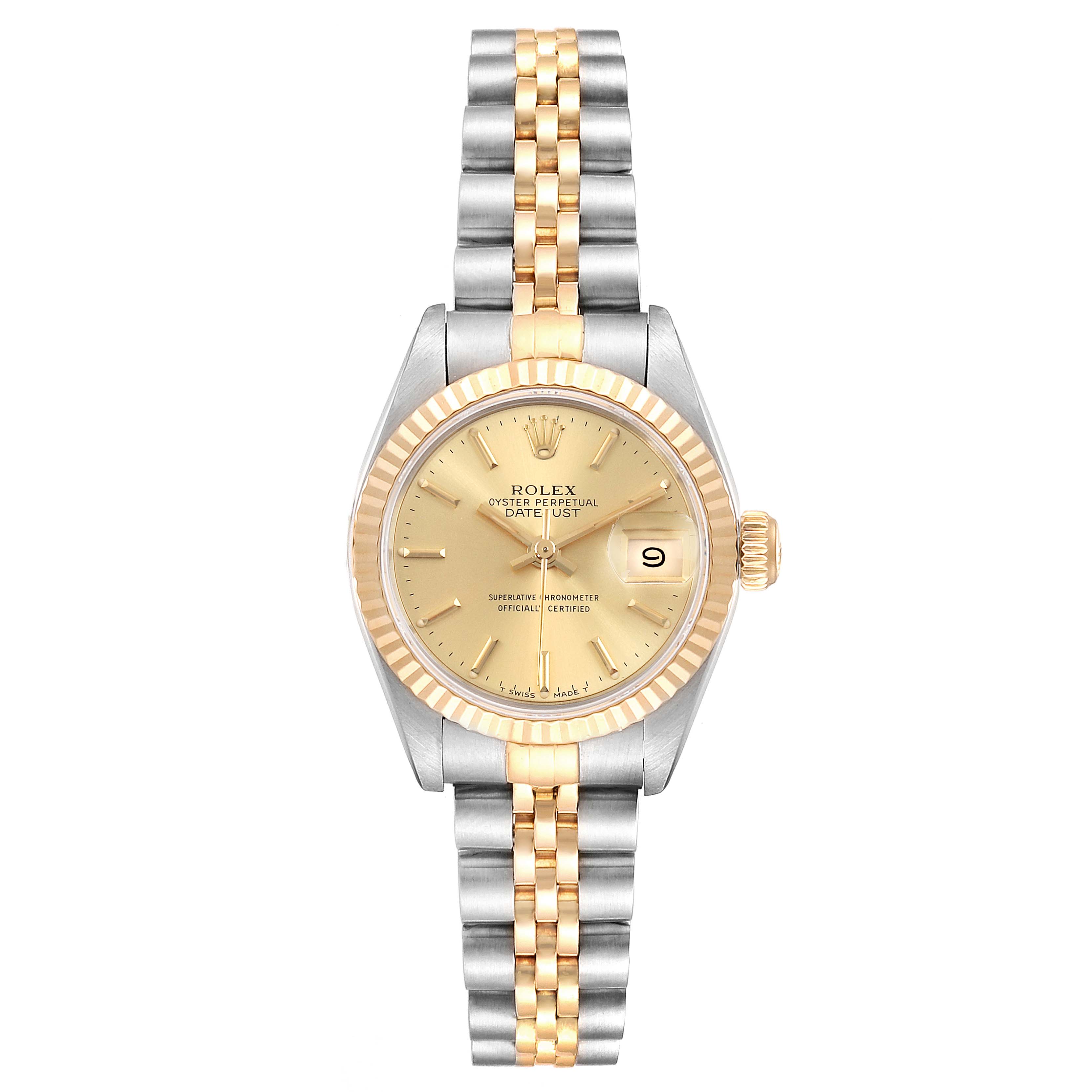 The image shows a Rolex Datejust 69173 Women's Steel and Gold (two tone) Champagne Dial 69173 Women's Steel and Gold (two tone) Champagne Dial watch from a top view, highlighting the gold and silver band, fluted bezel, and champagne dial with date display.