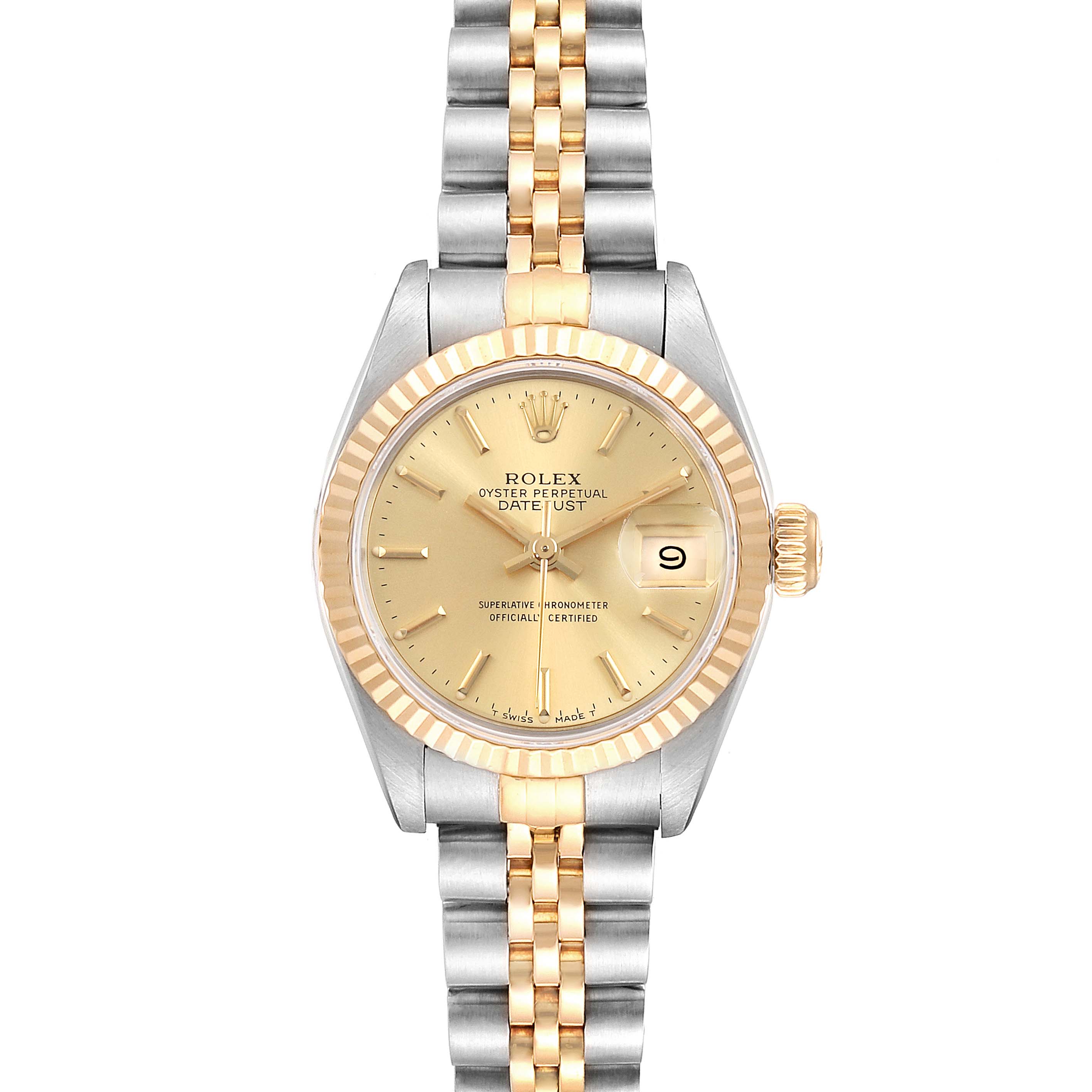 The image shows a frontal view of a Rolex Datejust 69173 Women's Steel and Gold (two tone) Champagne Dial 69173 Women's Steel and Gold (two tone) Champagne Dial watch, displaying the dial, bezel, bracelet, and crown.